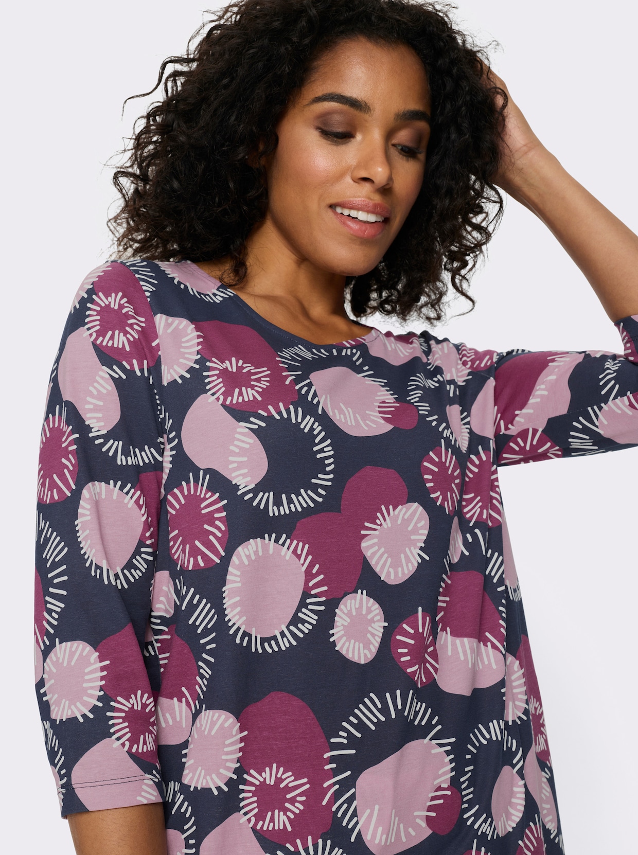 Lang shirt met 3/4-mouwen, katoen - oudroze/mauve bedrukt