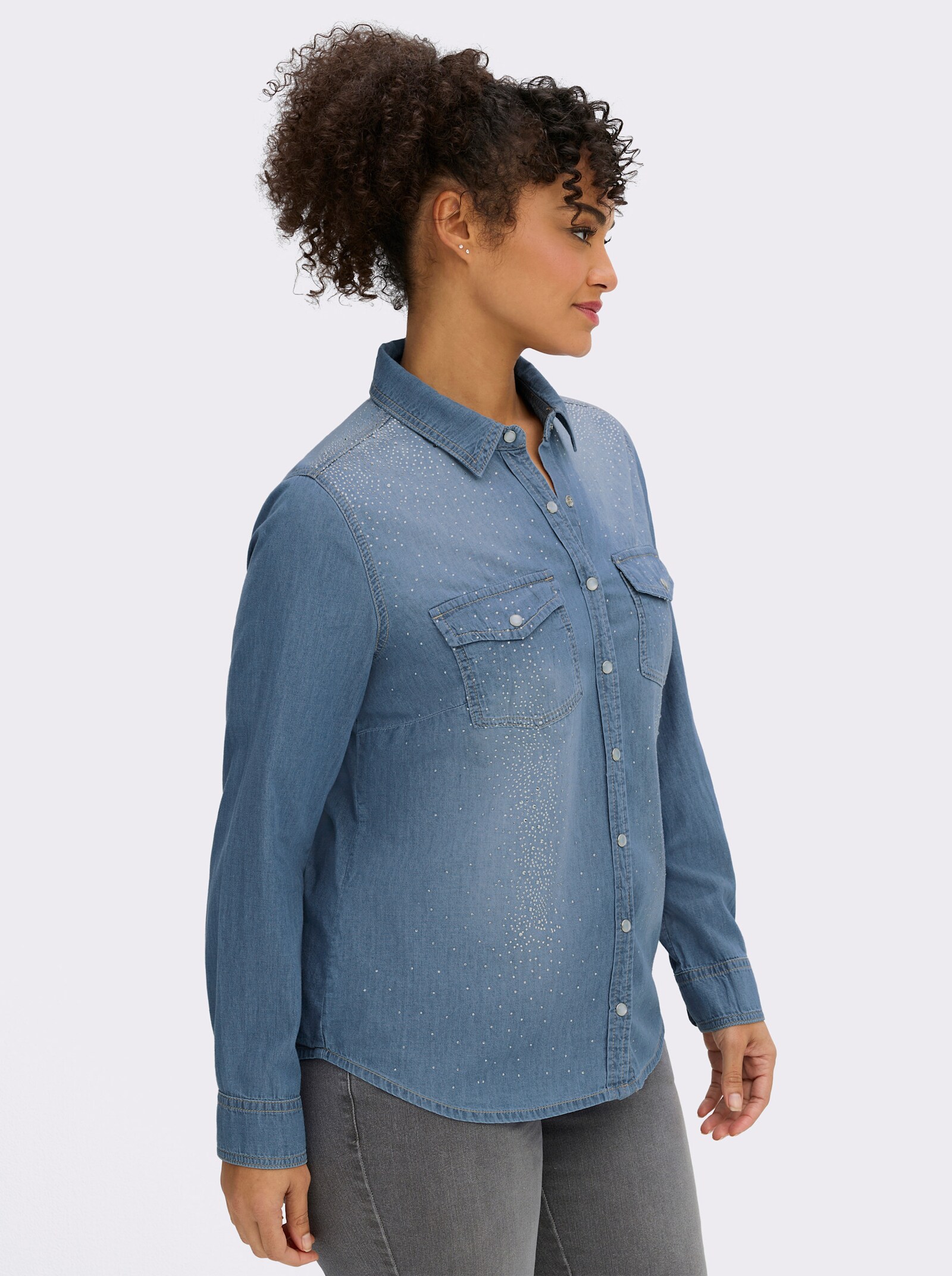 Jeansbluse mit Glitzersteinchen - blue-bleached