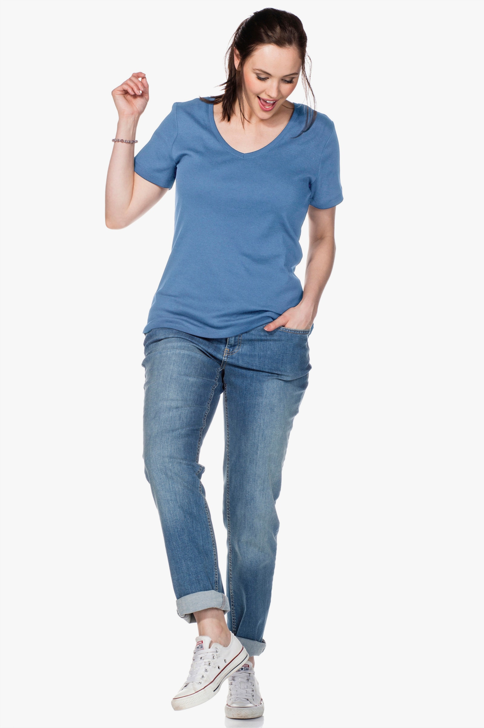 sheego T-Shirt mit V-Ausschnitt, Rippqualität - mittelblau
