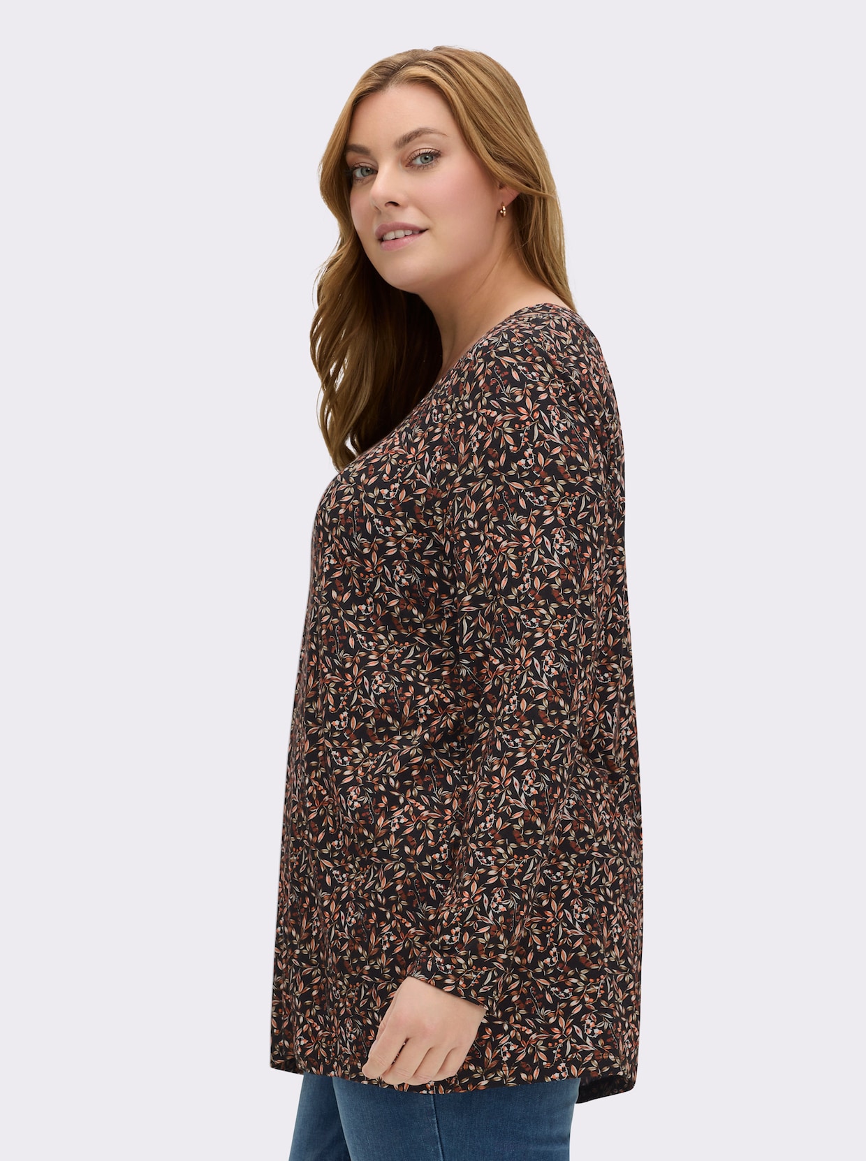 Tunikashirt mit Raffung am Ausschnitt - schwarz-rostrot-bedruckt