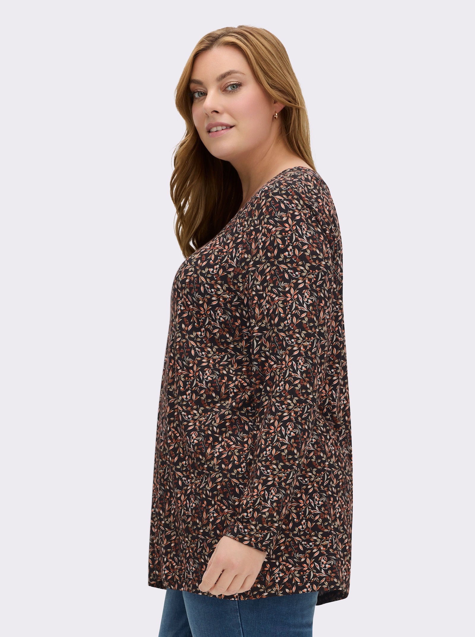 Tunikashirt mit Raffung am Ausschnitt - schwarz-rostrot-bedruckt