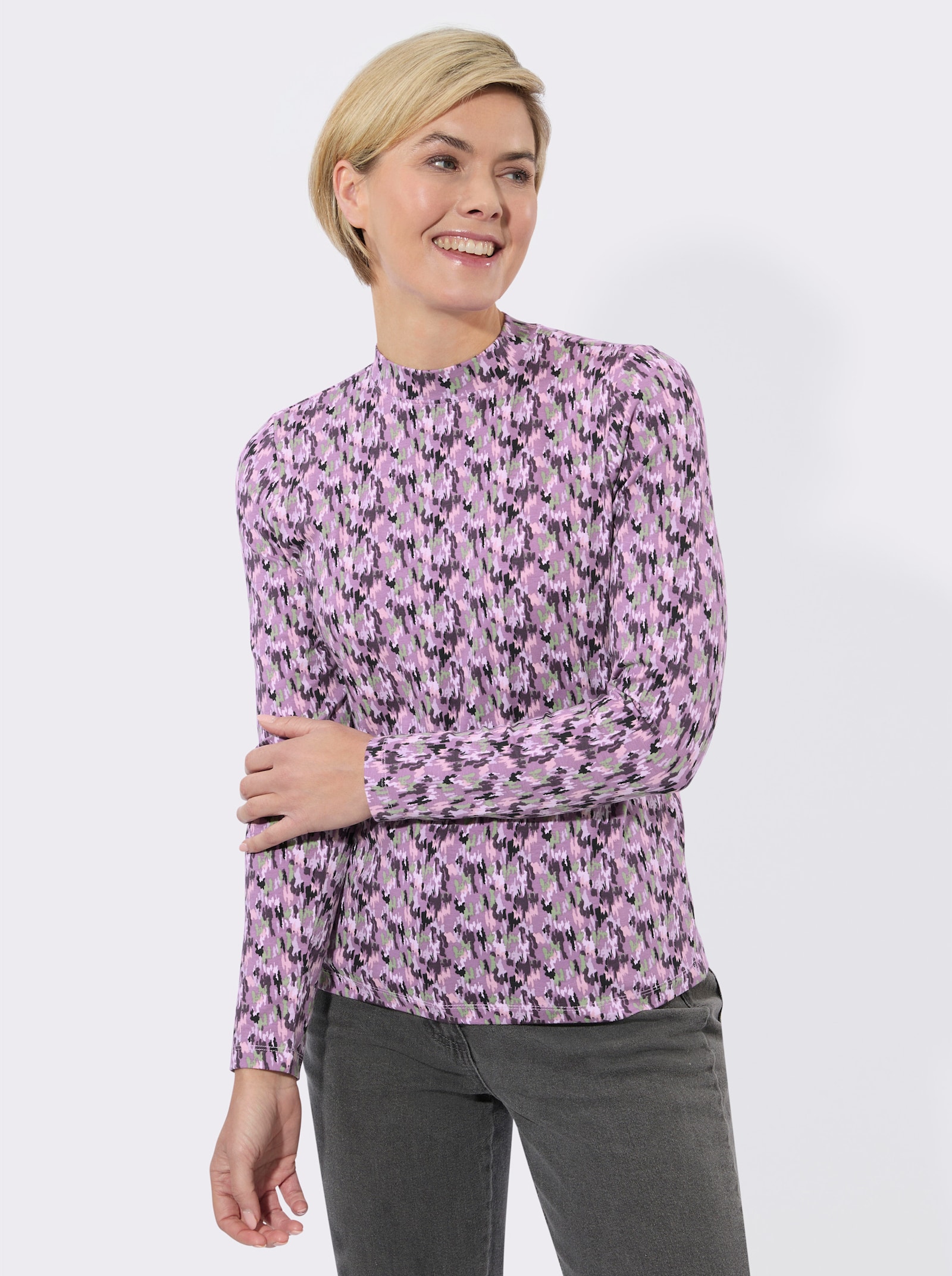 Stehkragenshirt mit Grafik-Dessin - violett-eucalyptus-bedruckt