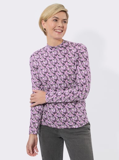 Stehkragenshirt mit Grafik-Dessin - violett-eucalyptus-bedruckt