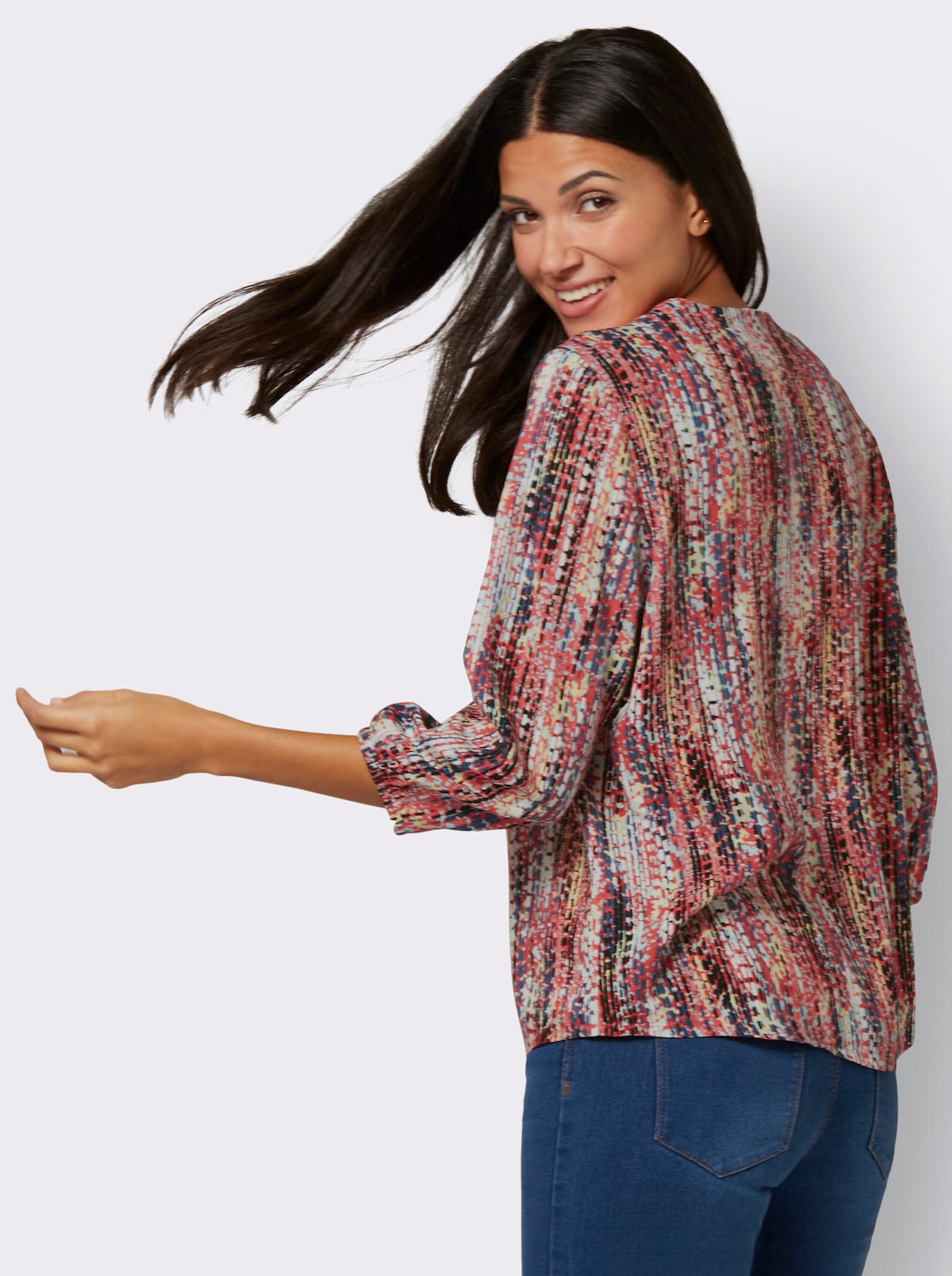 Druckbluse mit elastischen Bündchen - rosenquarz-rauchblau-bedruckt