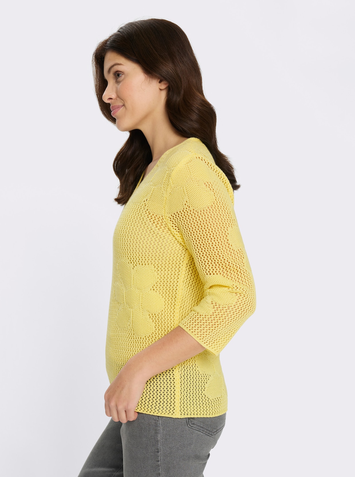 Ajourpullover mit eingestrickten Blüten - zitrone