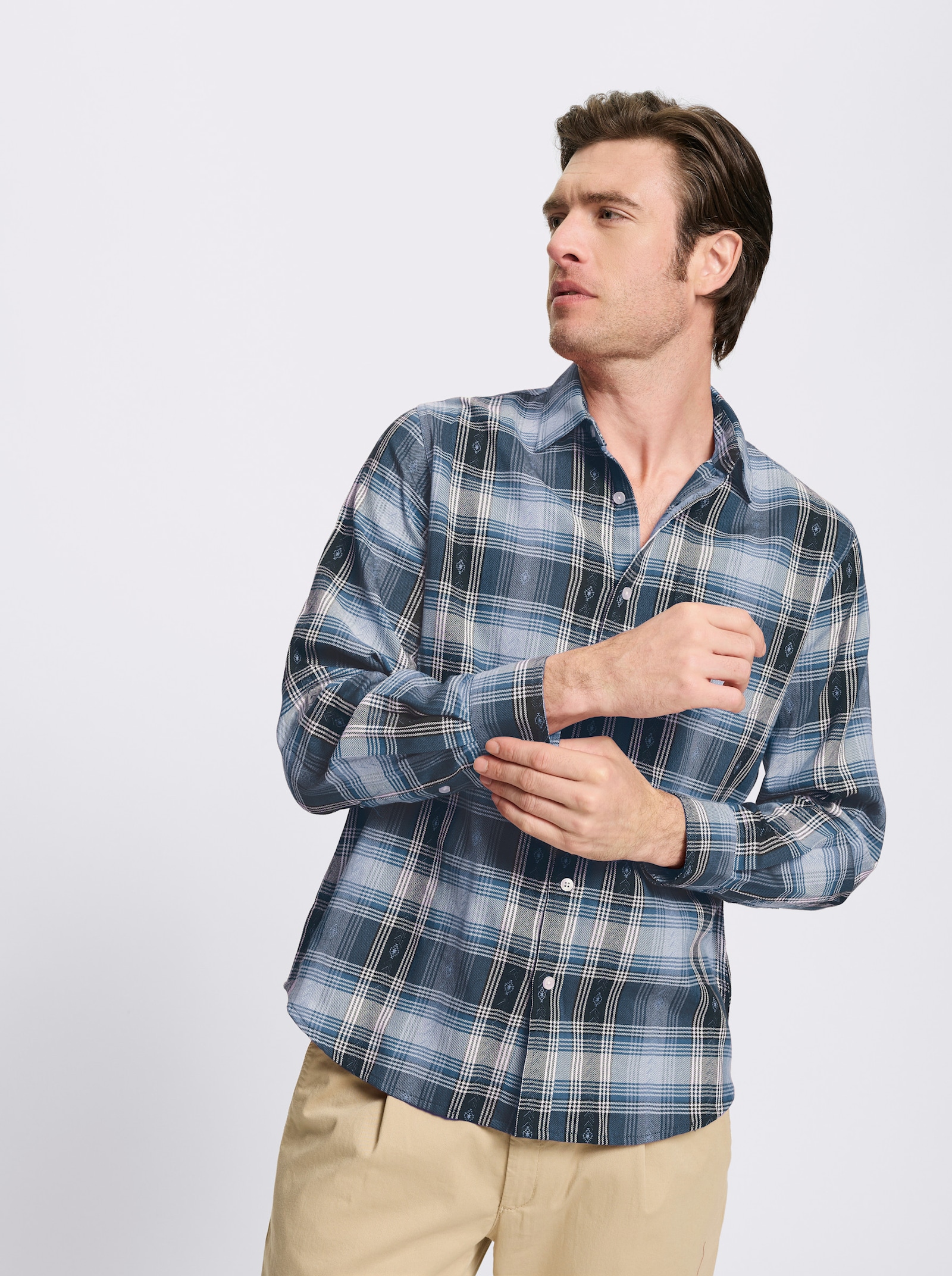 Catamaran Langarmhemd mit Tracht-Elementen - rauchblau-kariert