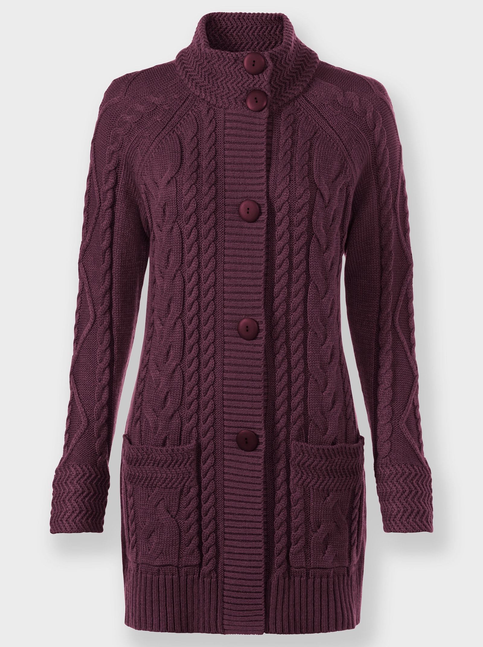 Dlouhý pletený kabátek s pleteným vzorem - burgundská
