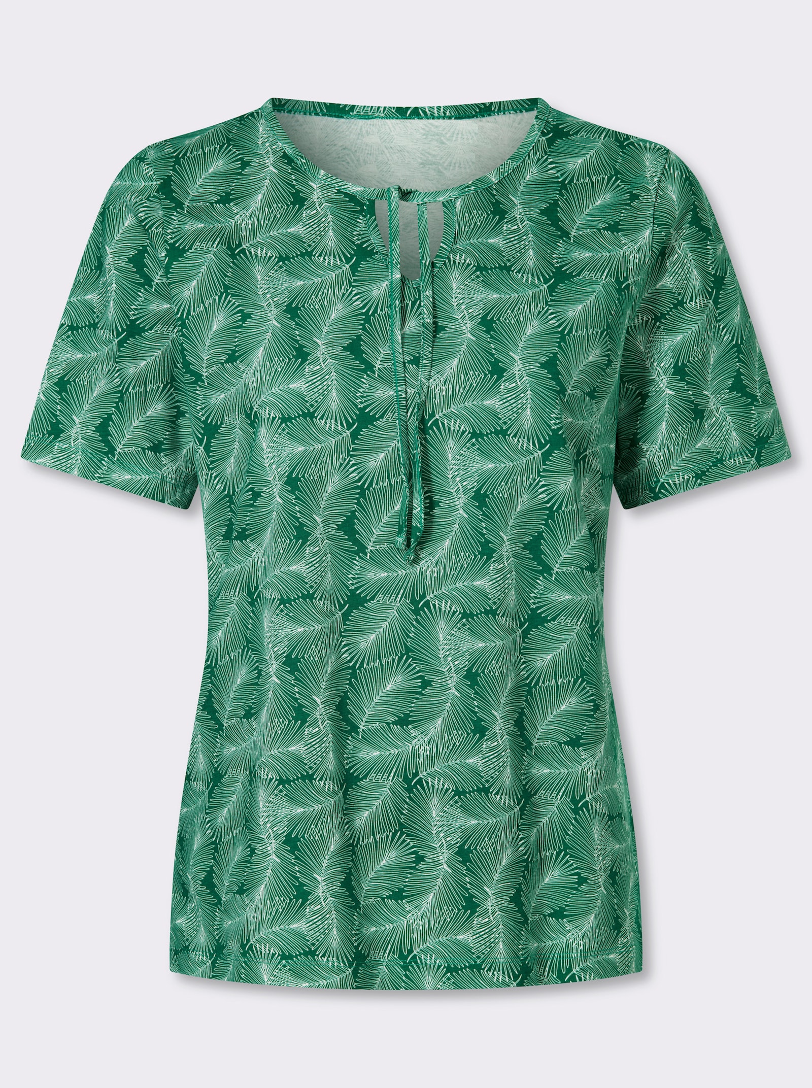 Kurzarmshirt mit Bindeband - grün-ecru-bedruckt