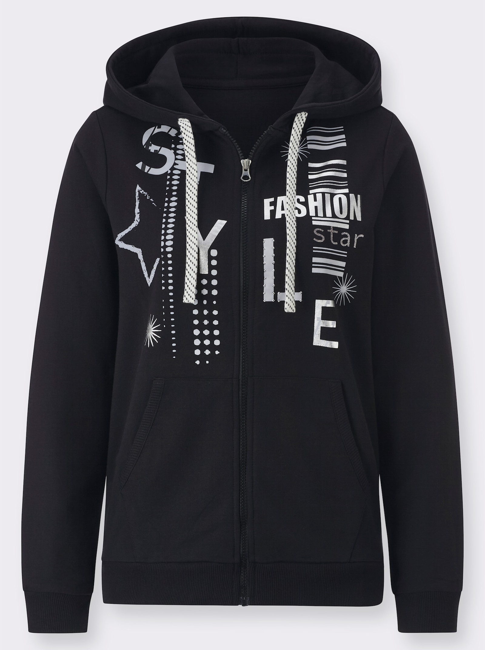 Sweatjacke mit Druck und Glitzersteinchen - schwarz