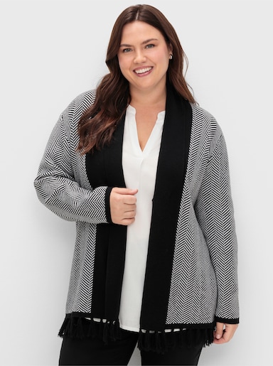 sheego Strickjacke mit Fransen am Saum - schwarz-weiß