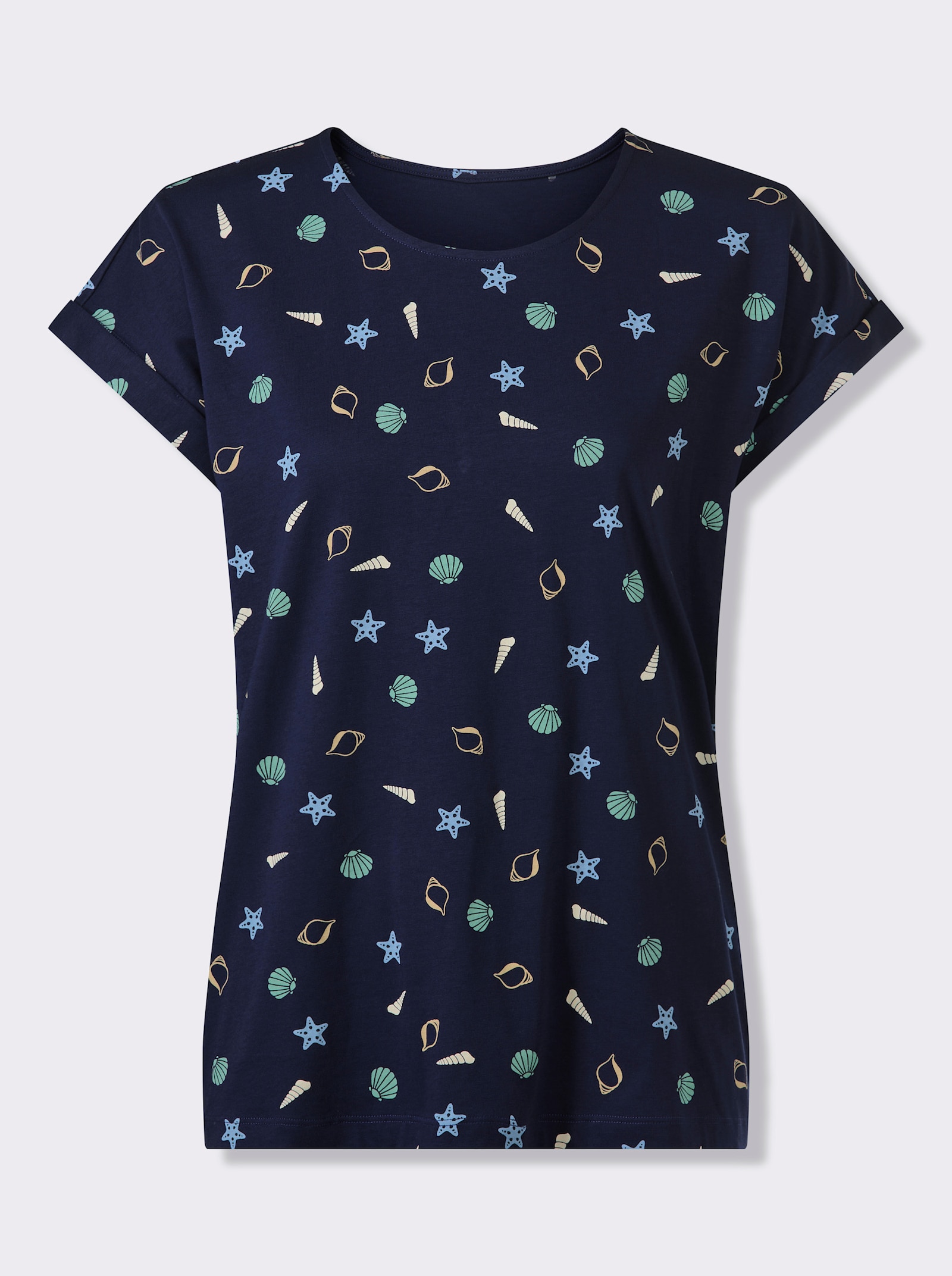 Rundhalsshirt mit maritimem Druckmuster - marine-beige-bedruckt