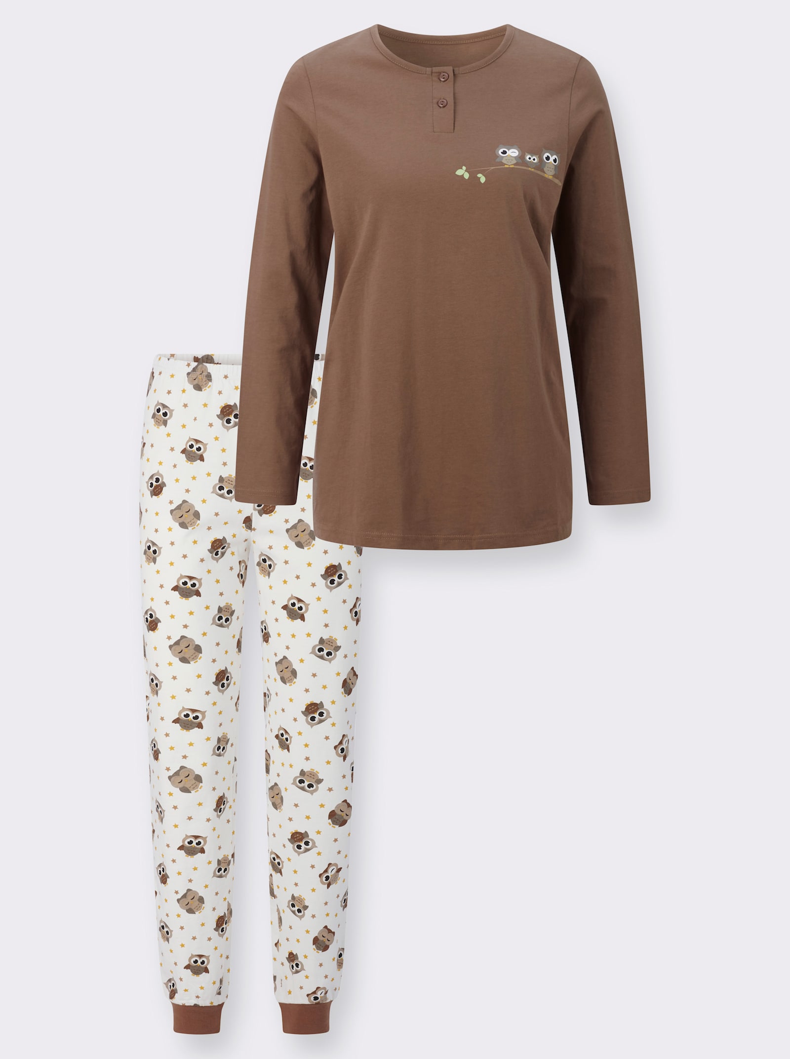 Schlafanzug Hose allover mit Eulen-Druck - braun-ecru-bedruckt