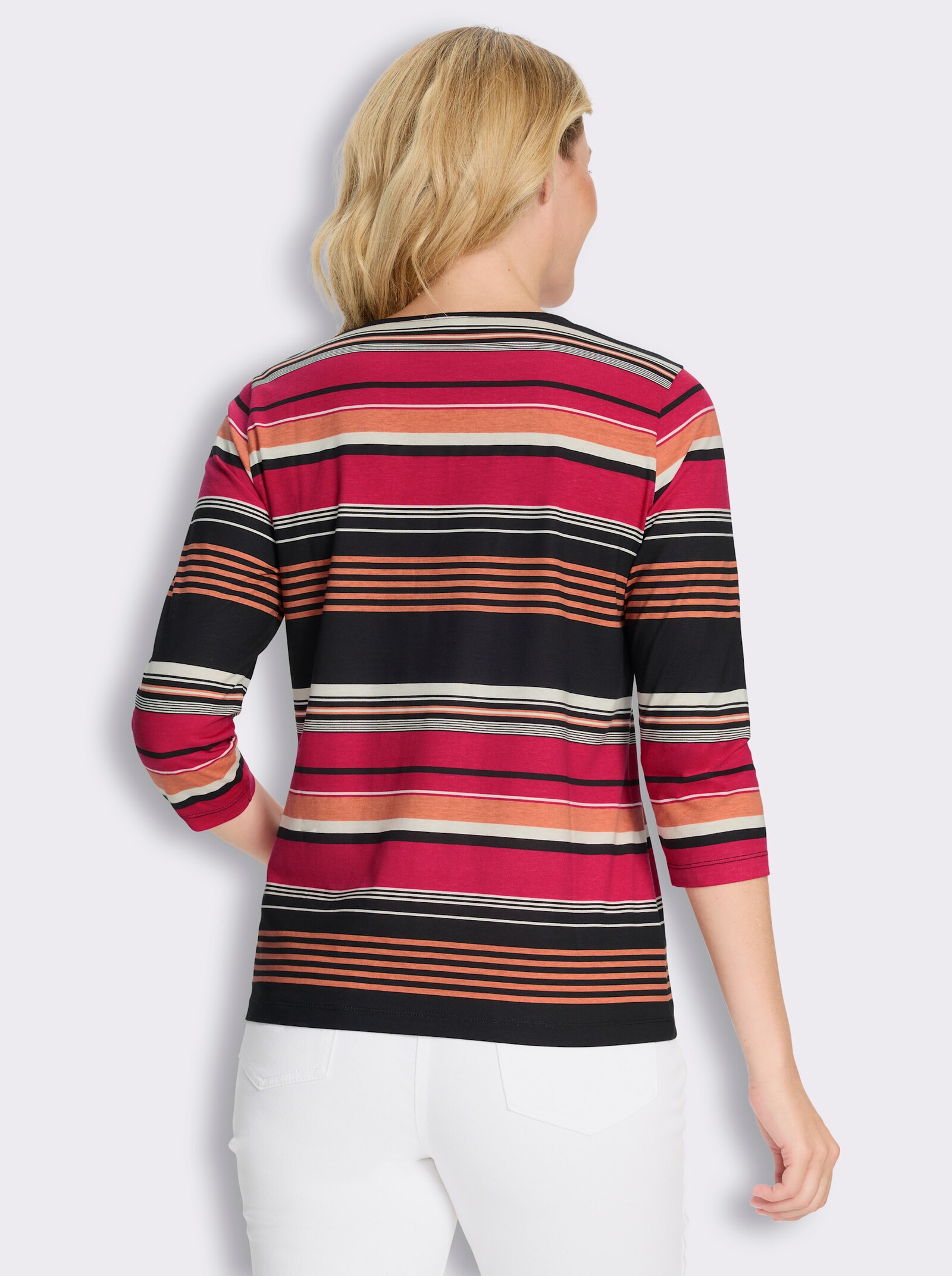 3/4-Arm-Shirt aus Baumwolle, gestreift - erdbeere-schwarz-geringelt