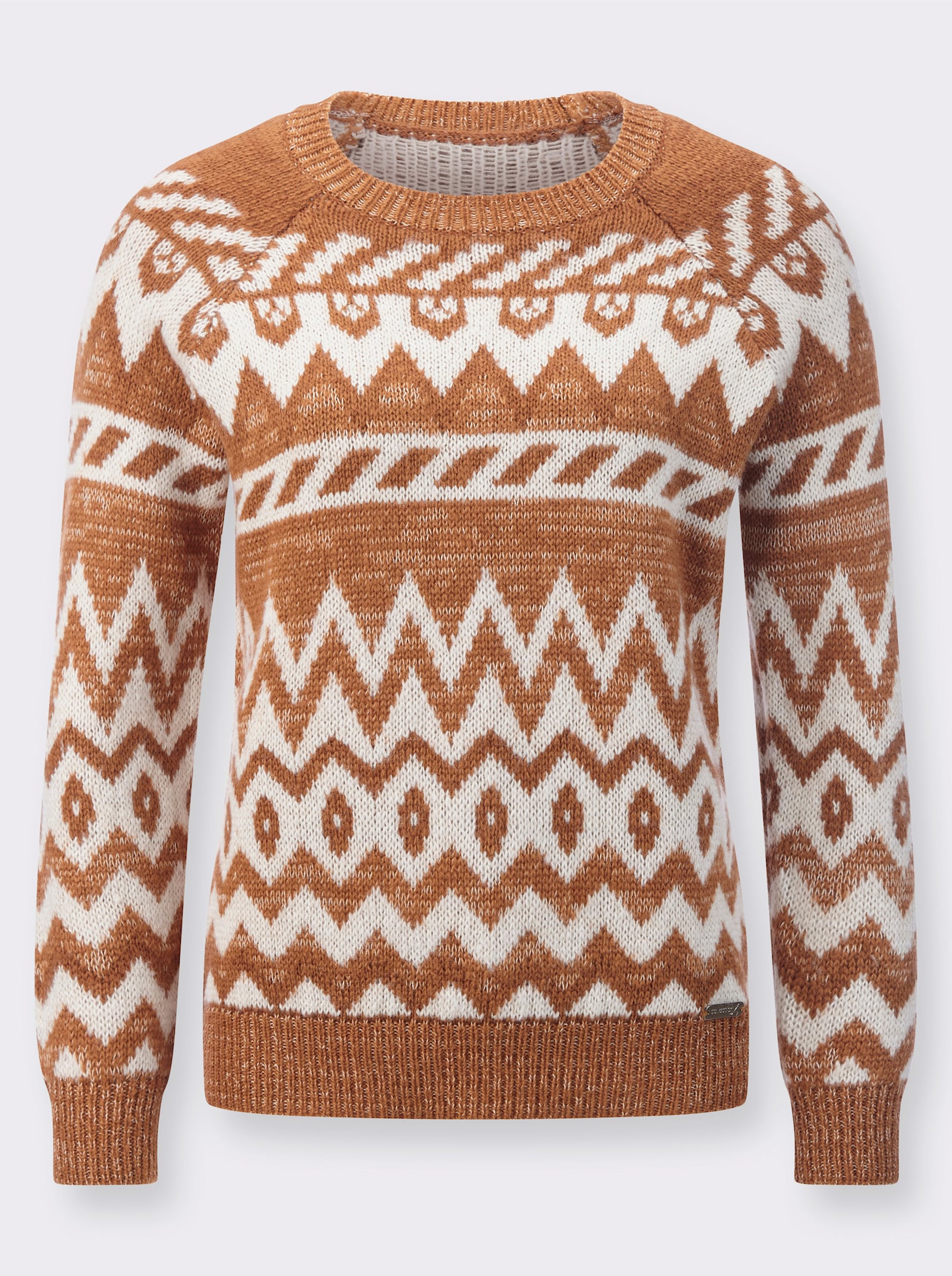 Norwegerpullover mit Rundhals-Ausschnitt - elfenbein-cognac-gemustert