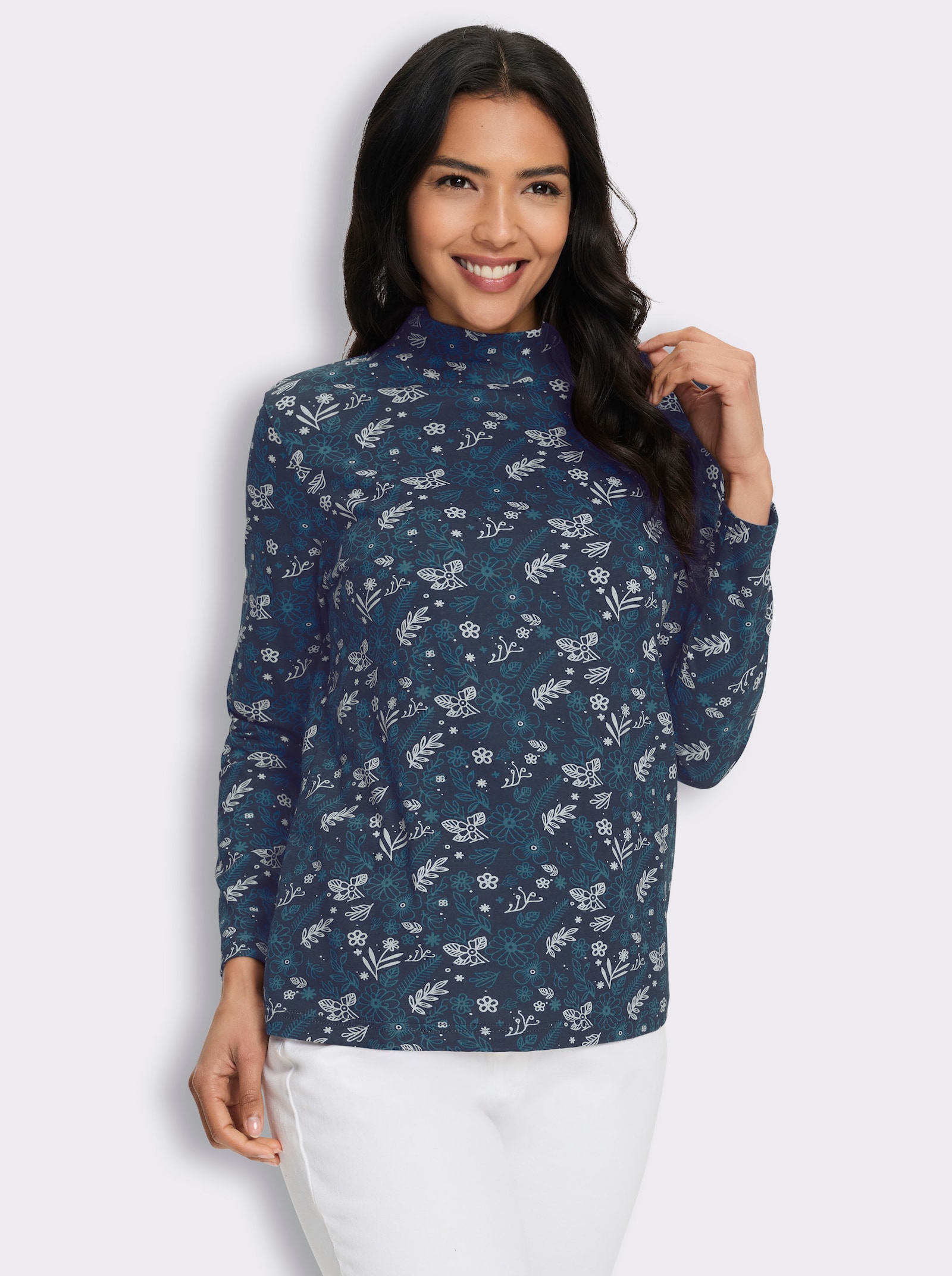 Stehkragenshirt im floralem Allover-Dessin - topas-champagner-bedruckt