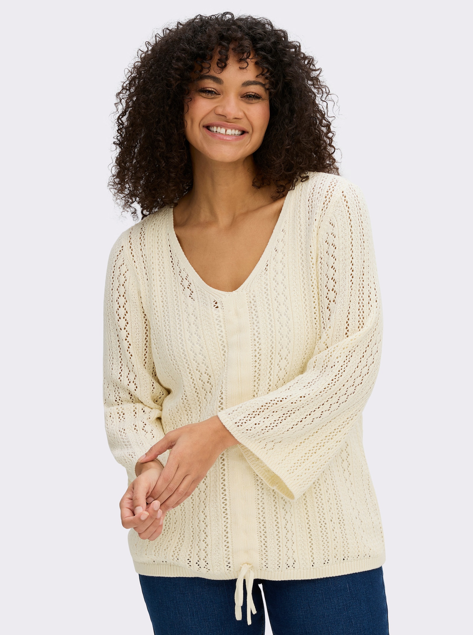 sheego Ajourpullover mit Bindeband am Saum - champagner