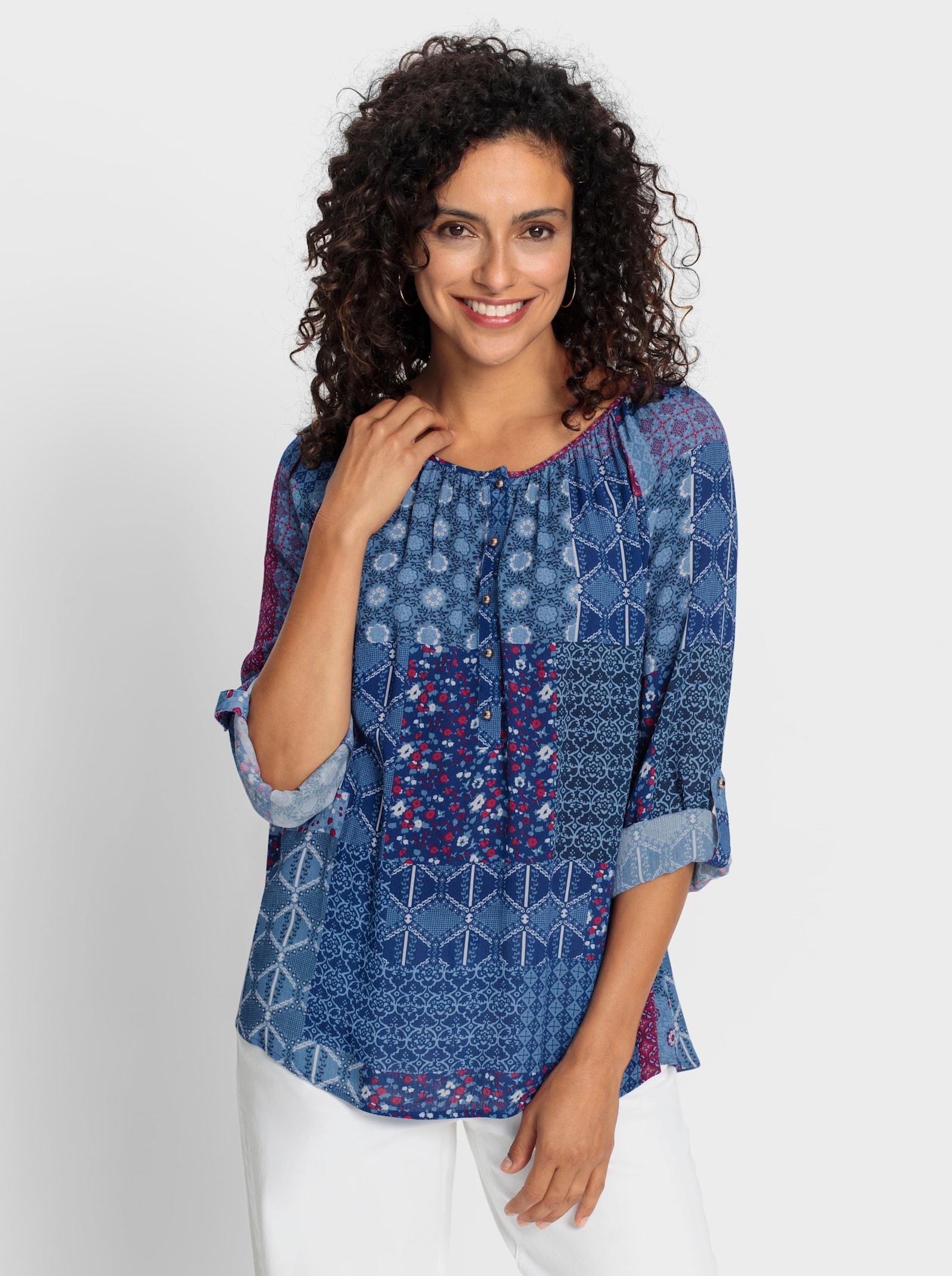  Tunika in Crinkle-Optik - royalblau-malve-gemustert