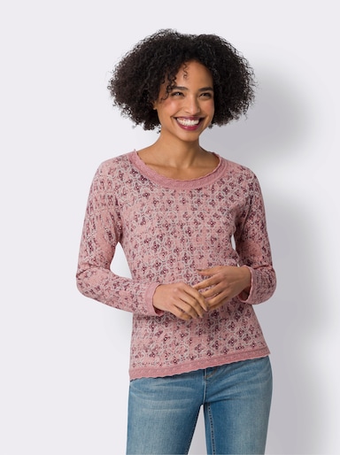 heine Langarm-Pullover mit Ajour-Borte - rosenquarz-champagner-bedruckt