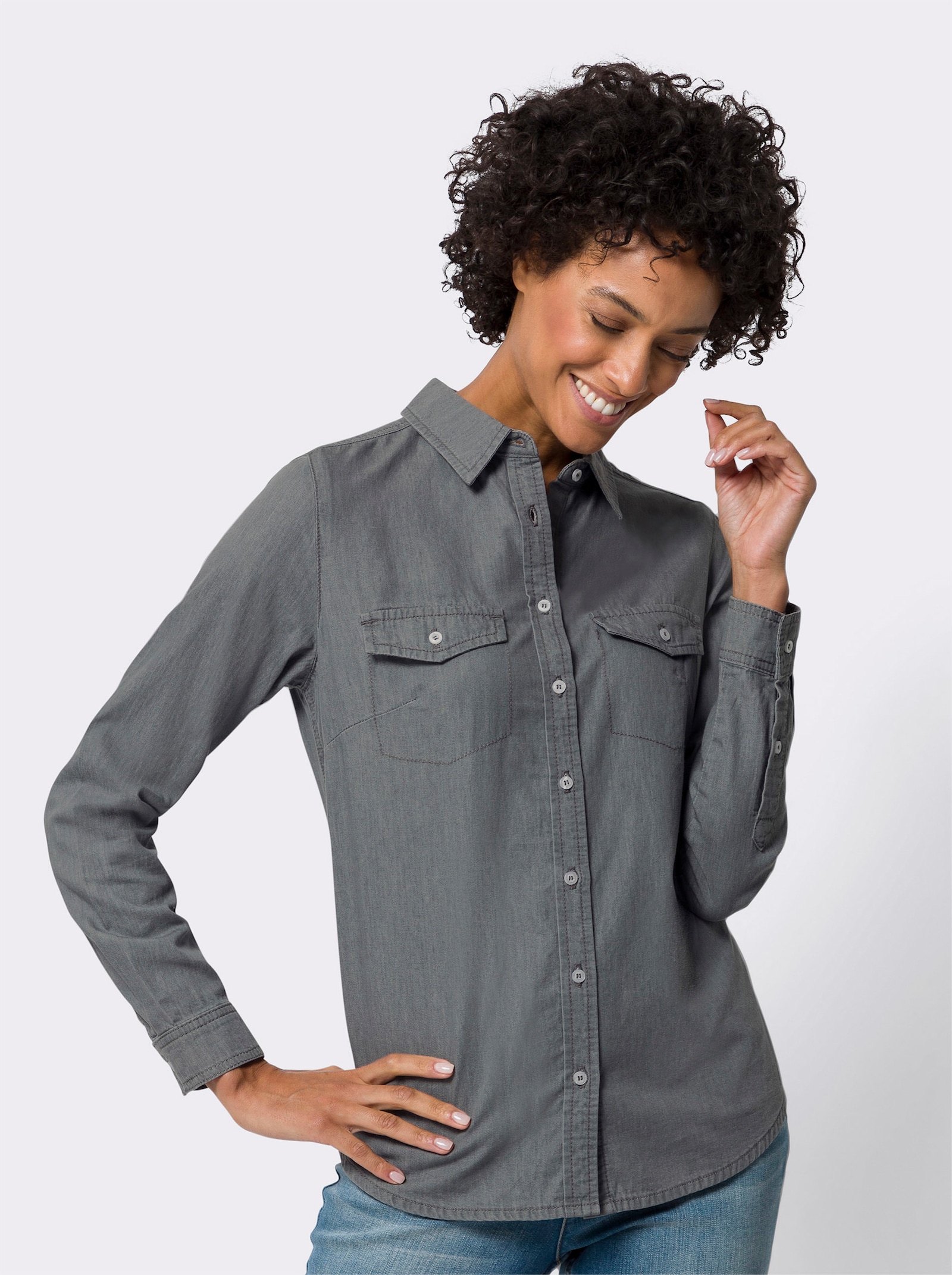 Jerseyblouse met gestileerde borstzakken - grey-denim