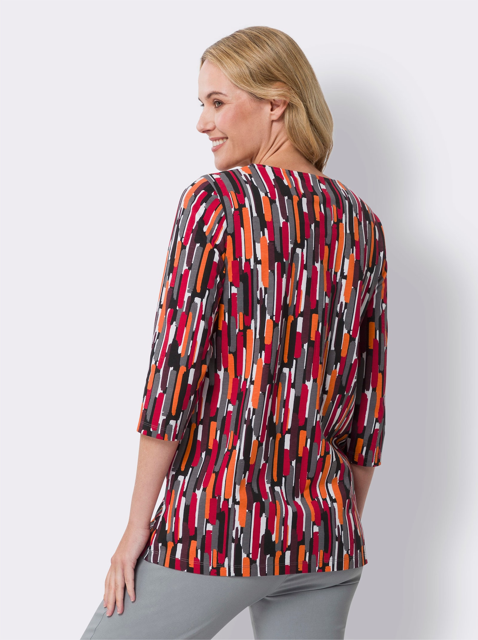 Longshirt in A-Form, grafisch bedruckt - anthrazit-orange-bedruckt