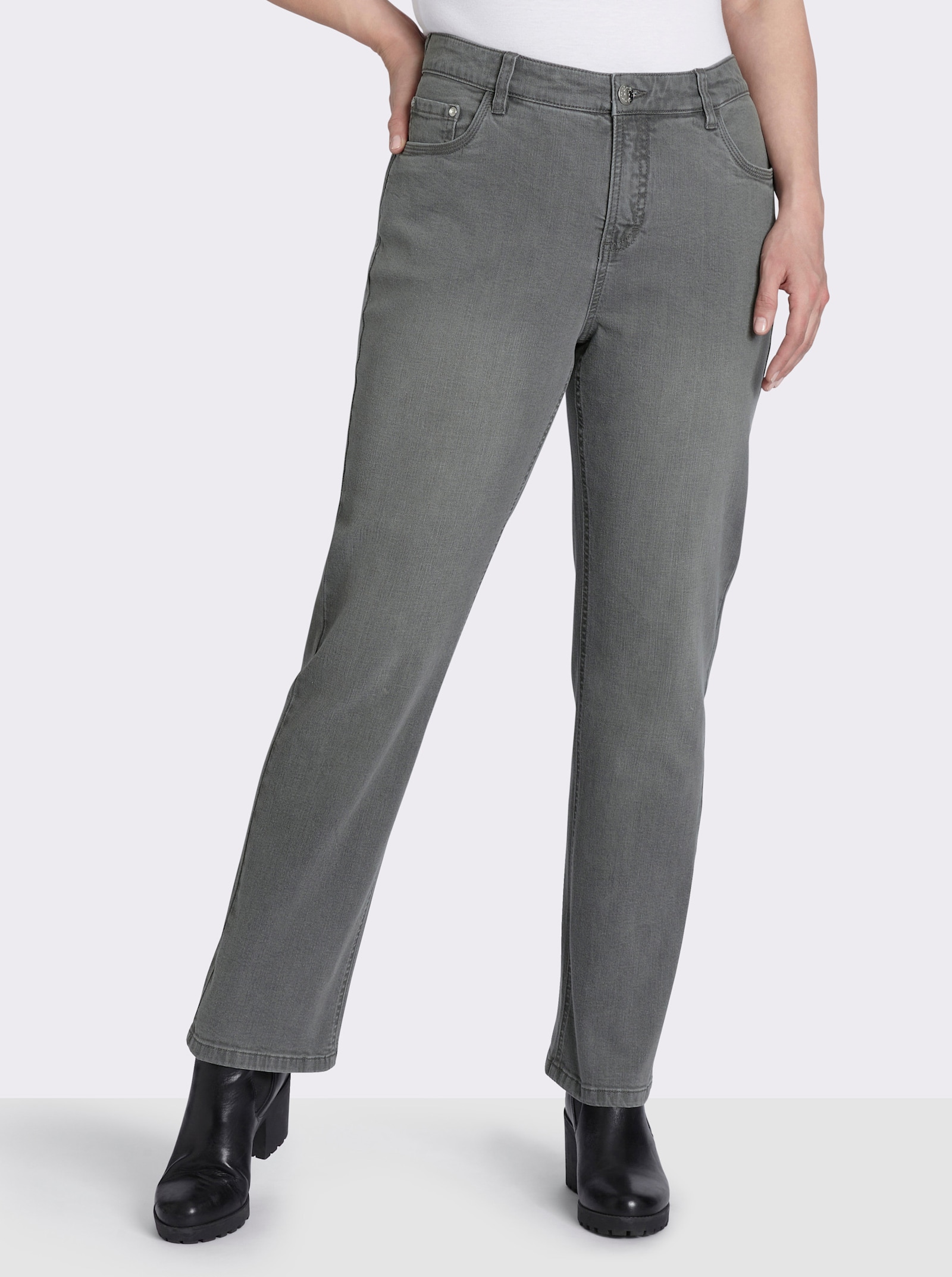 sheego Gerade Jeans mit Deko-Knopf und Riegel am Bund - grey denim
