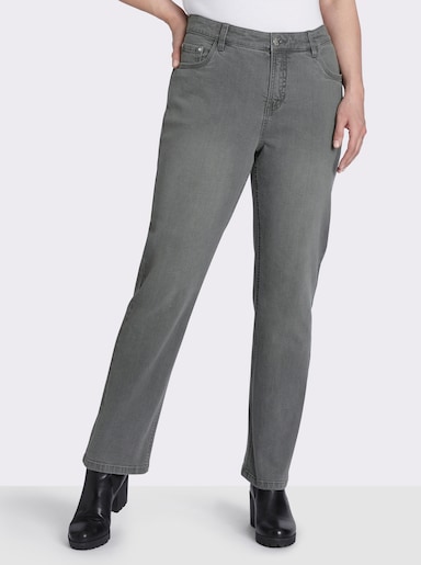 sheego Gerade Jeans mit Deko-Knopf und Riegel am Bund - grey denim