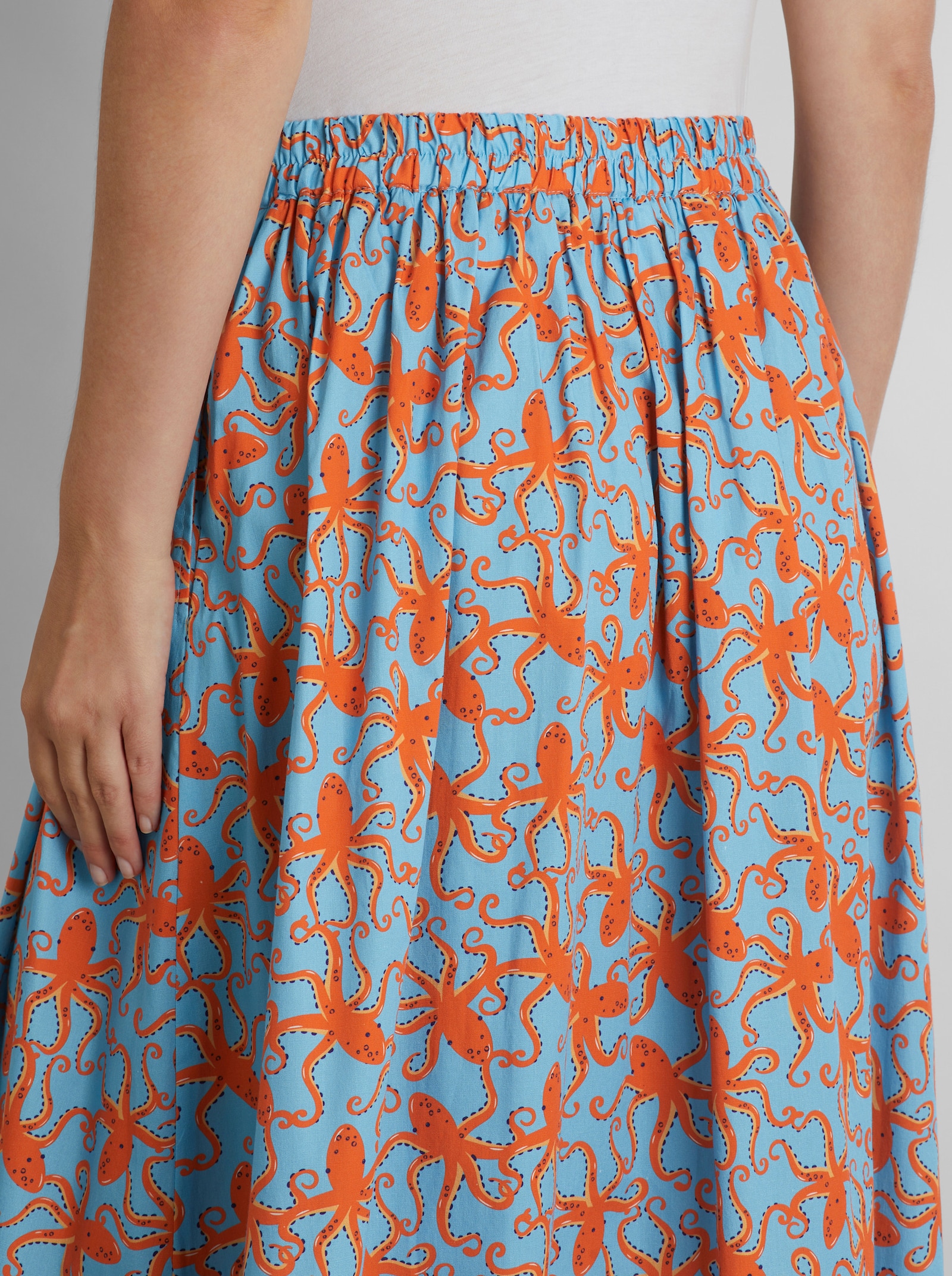 heine A-Linien-Rock mit Kraken-Print - aqua-orange-bedruckt