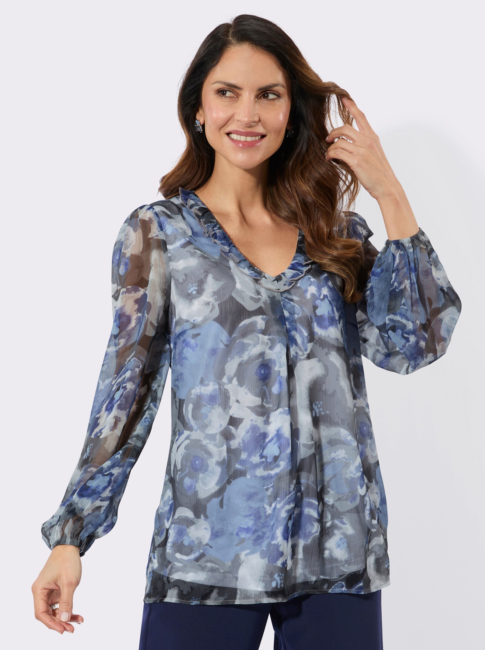 Tunika mit Volant - bleu-schwarz-bedruckt