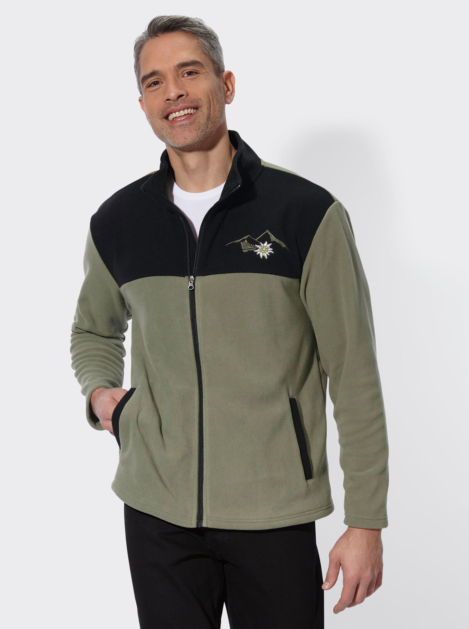Fleecejacke mit Edelweiß-Stickerei - schwarz-khaki