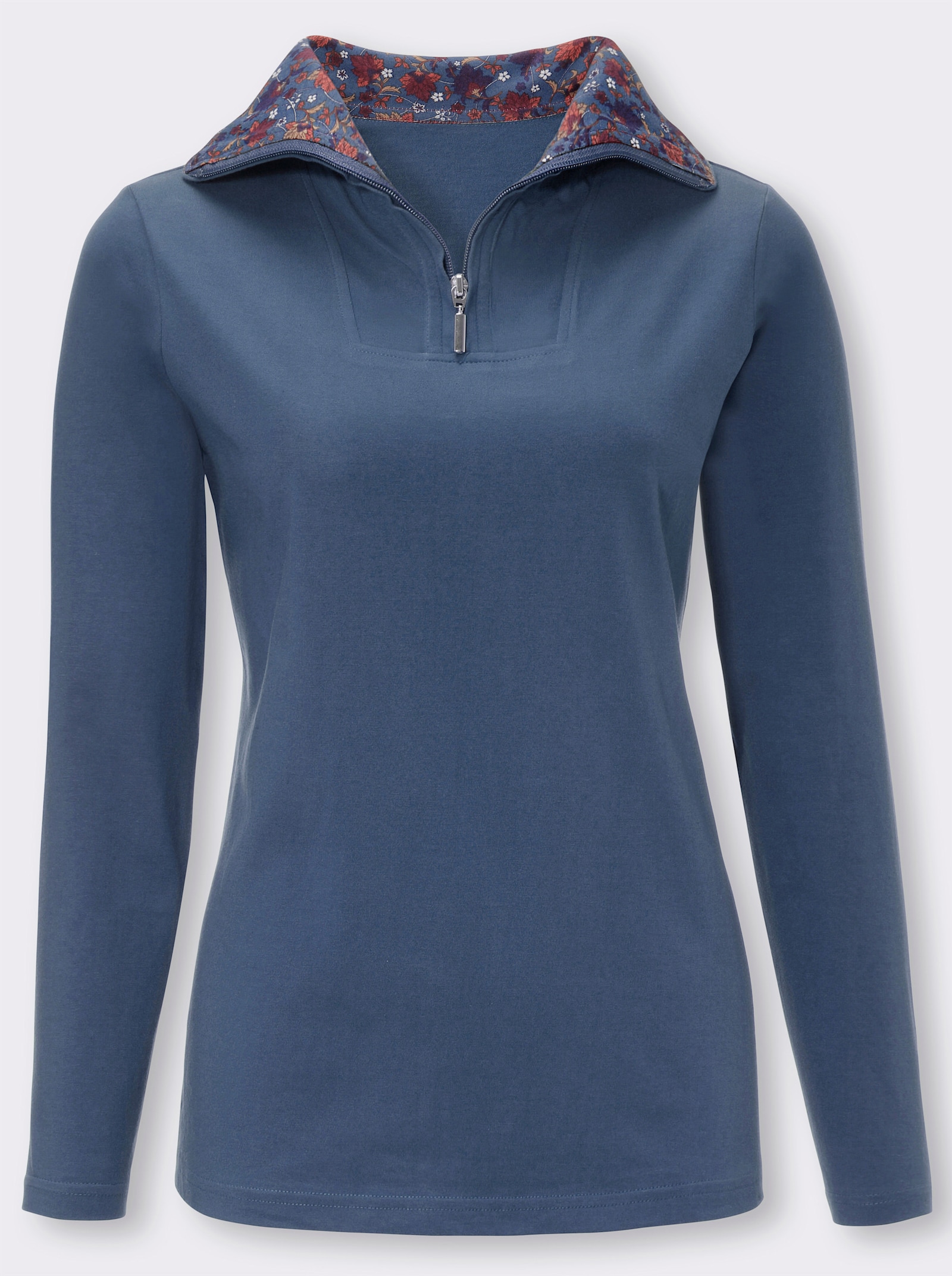 Langarmshirt mit geblümten Troyerkragen - rauchblau