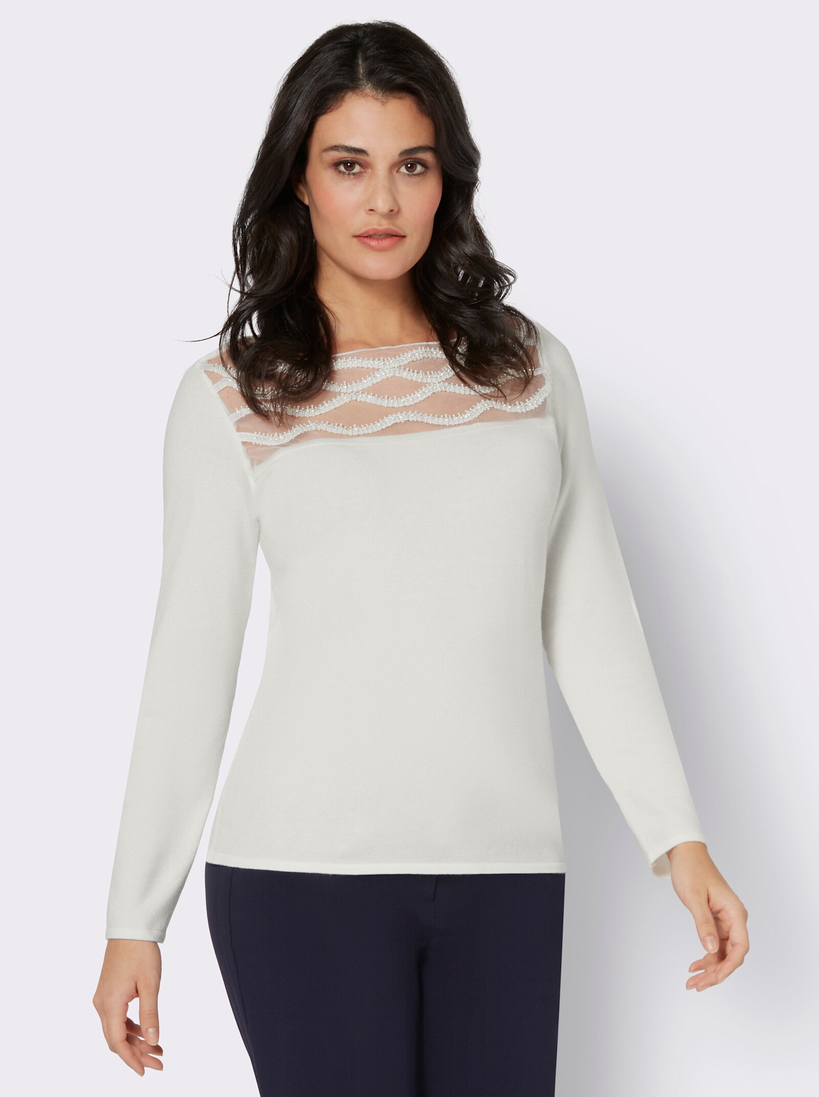Langarm-Pullover mit transparentem Mesh-Einsatz - ecru