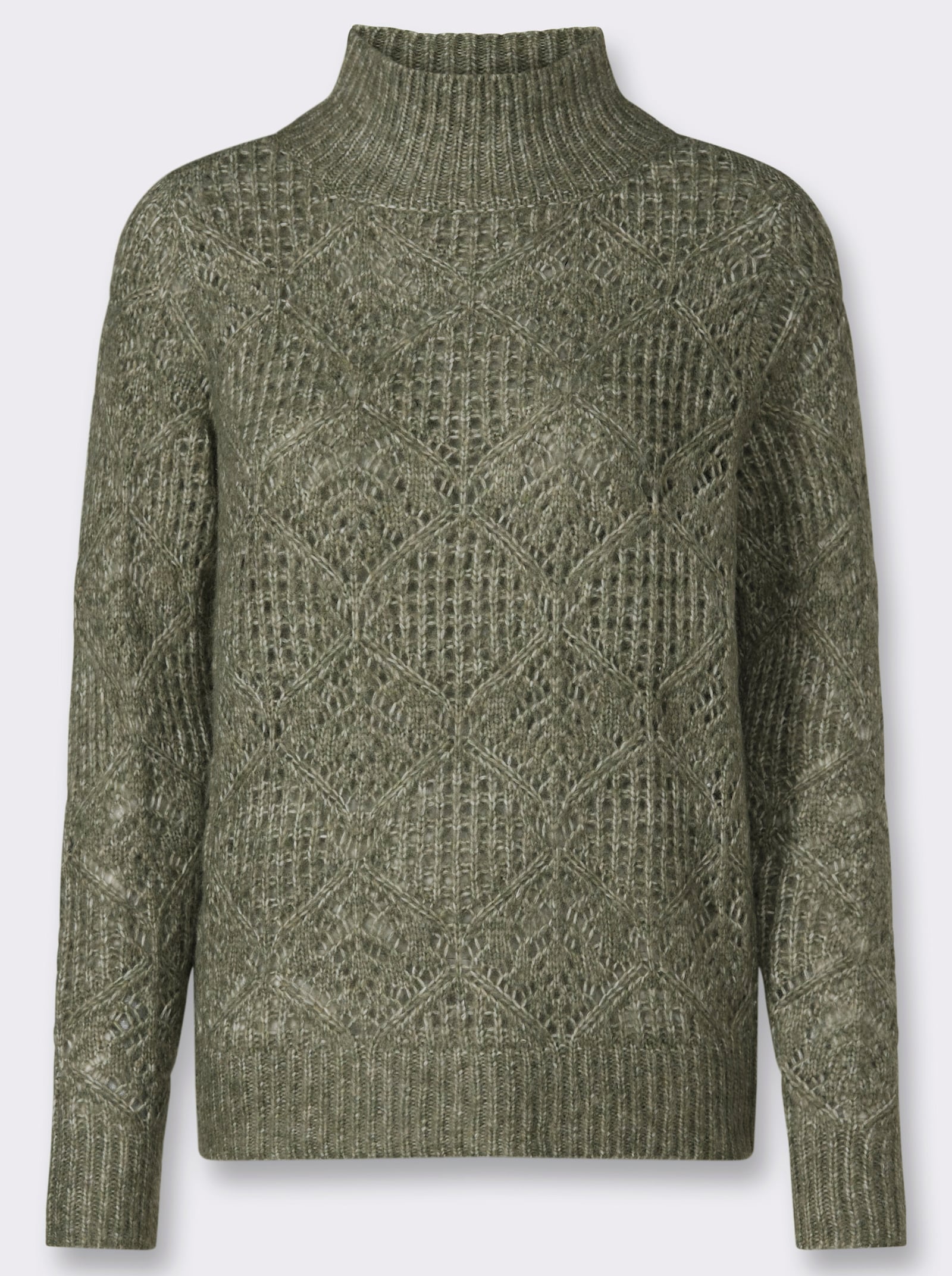 Stehkragenpullover im Ajourmuster - khaki-meliert