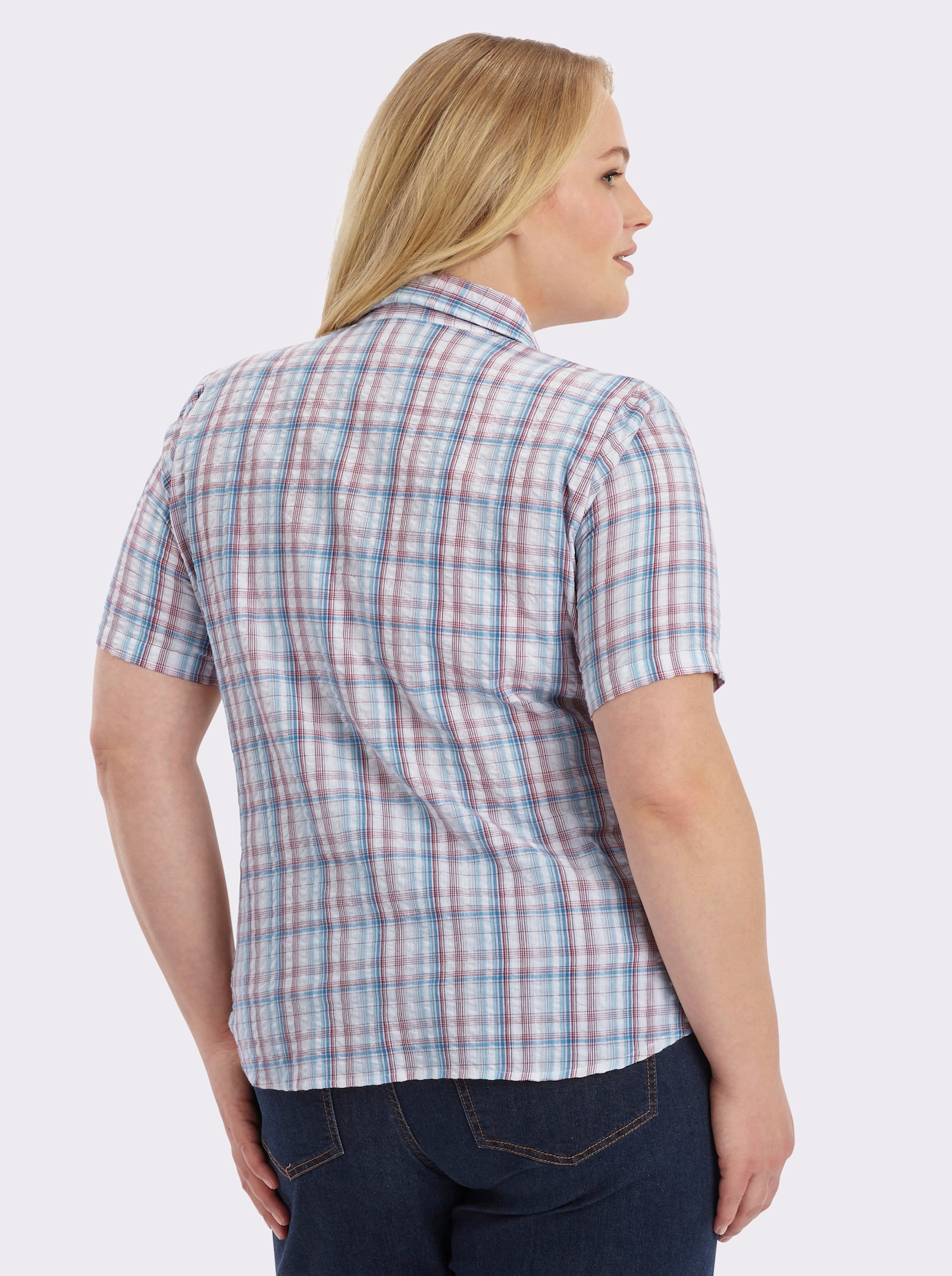 Baumwollbluse aus Seersucker - jeansblau-kariert