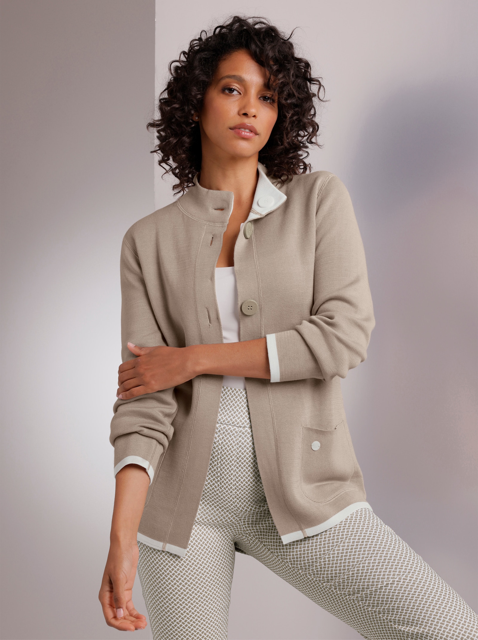 CREATION L PREMIUM Wendejacke aus Jacquard-Feinstrick - sesam-weiß