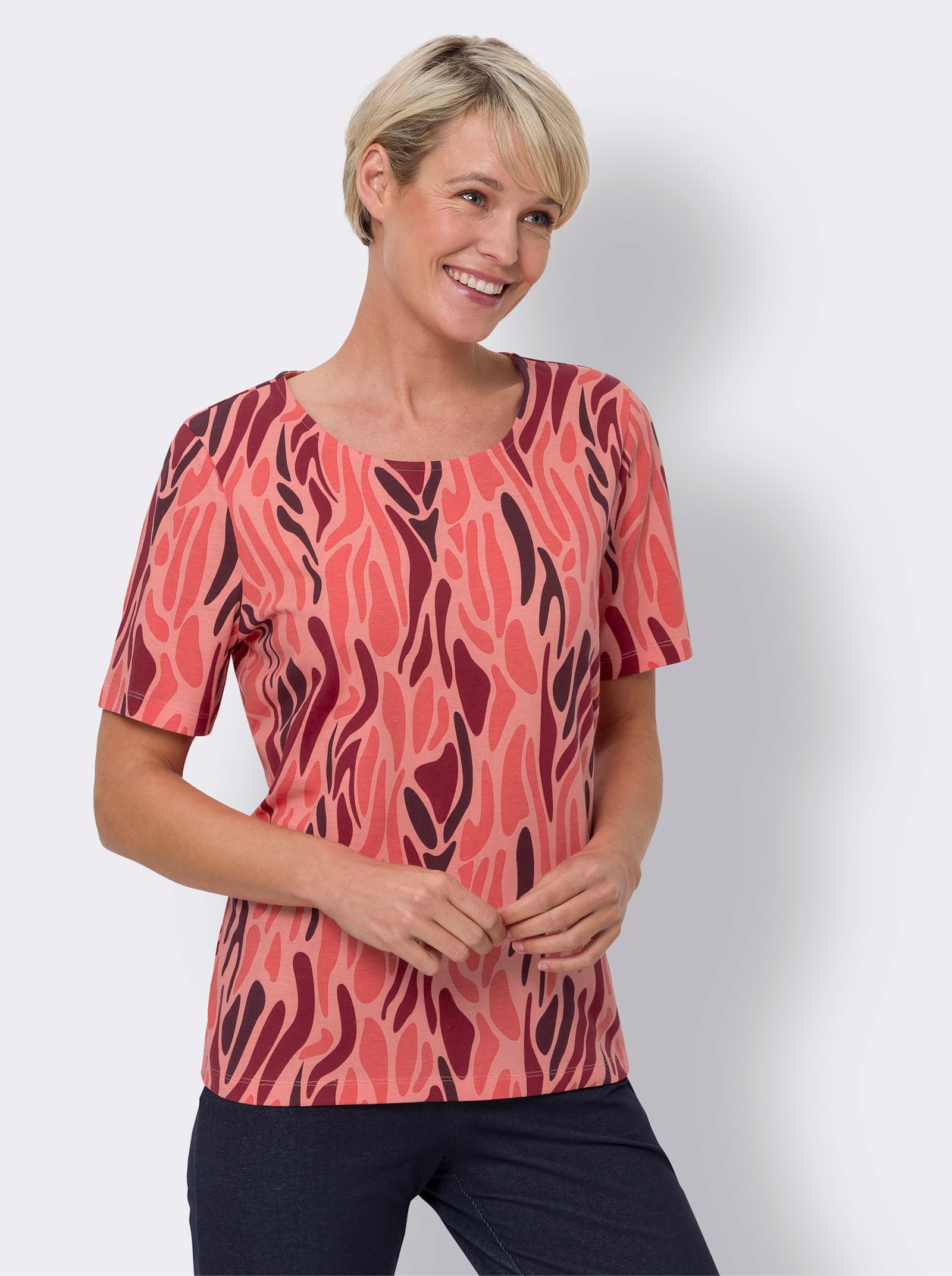 Kurzarmshirt mit Print-Dessin - flamingo-dunkelrot-bedruckt