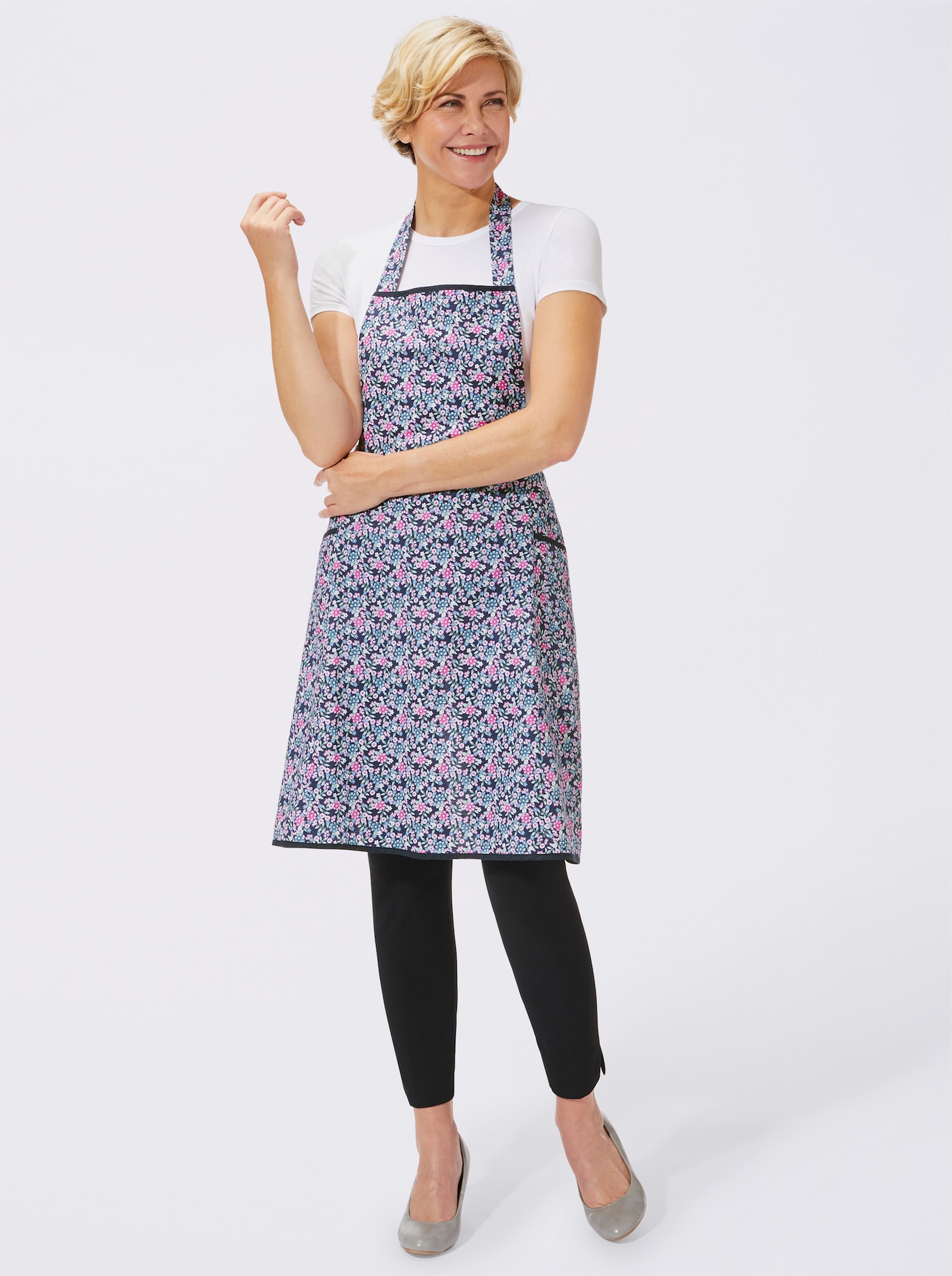 Latzschürze mit Bindebändern - marine-geblümt