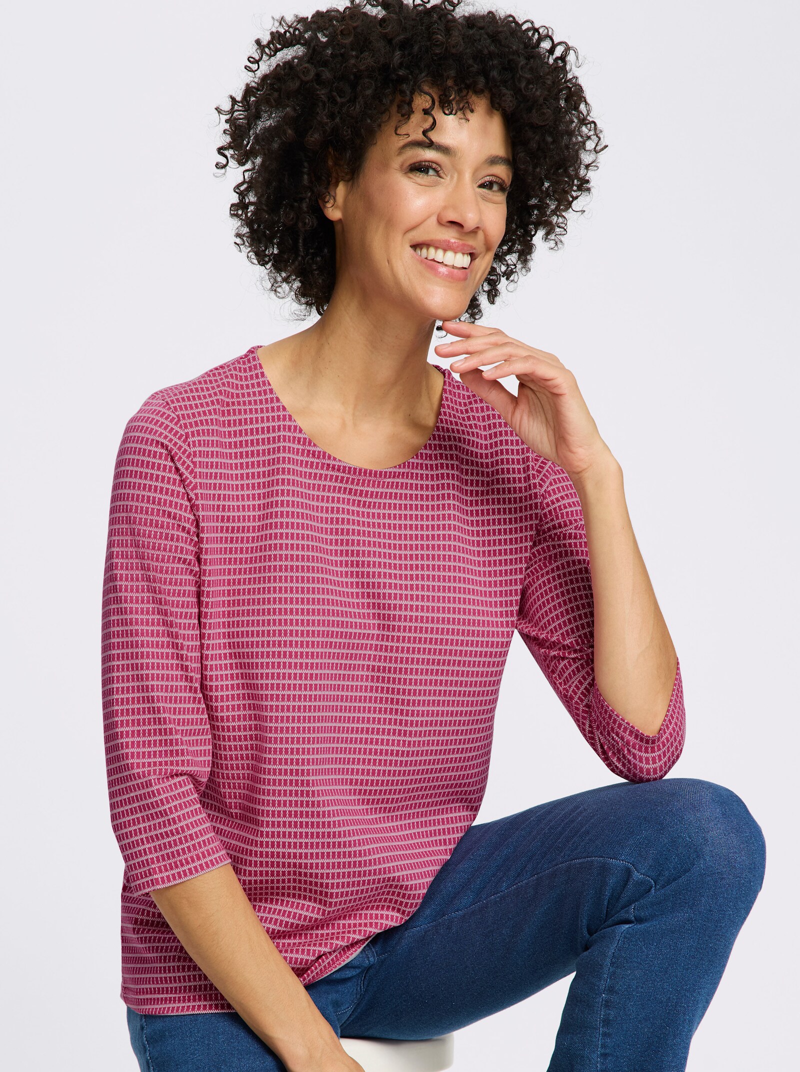 3/4-Arm-Shirt mit Minimal-Druck - fuchsia-ecru-bedruckt
