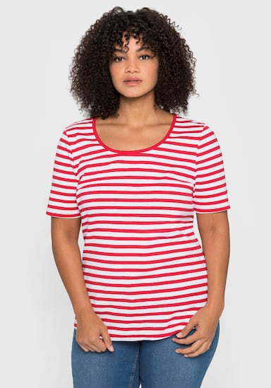 sheego Streifenshirt mit Rundhalsausschnitt - mohnrot-weiß