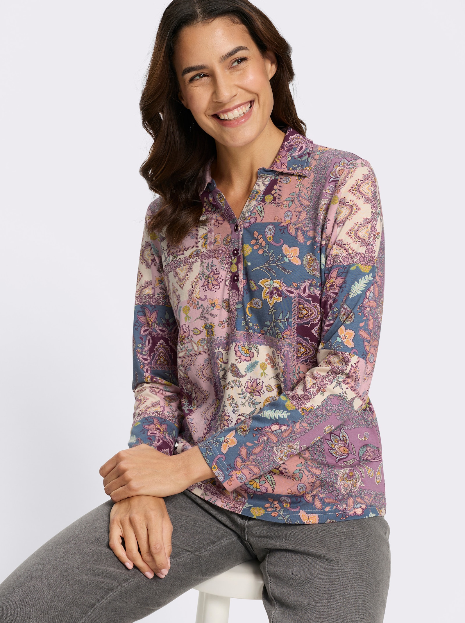 Poloshirt mit kurzer Knopfleiste - burgund-violett-bedruckt