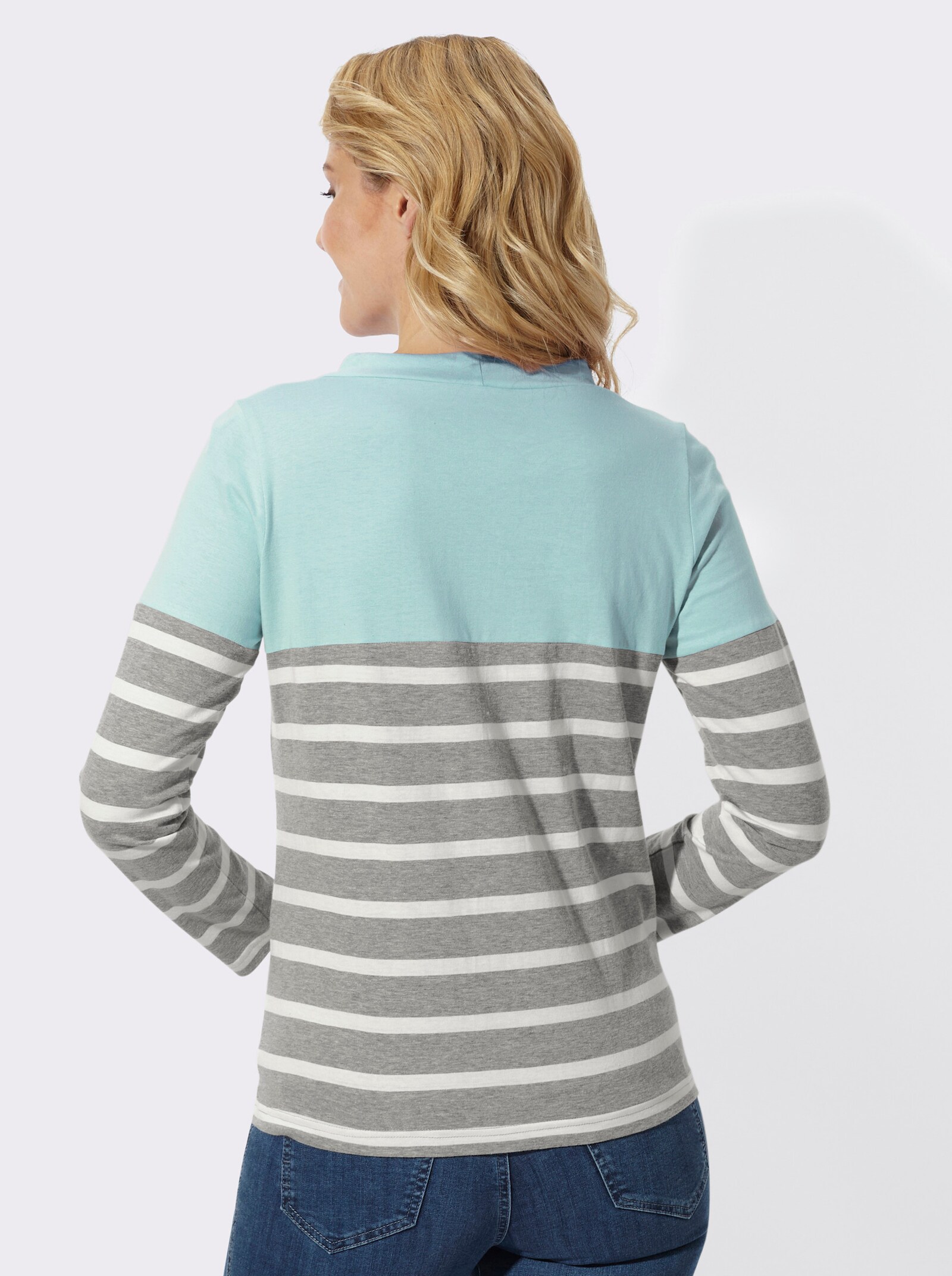 Stehkragenshirt mit Colour-Blocking - mint-grau-geringelt