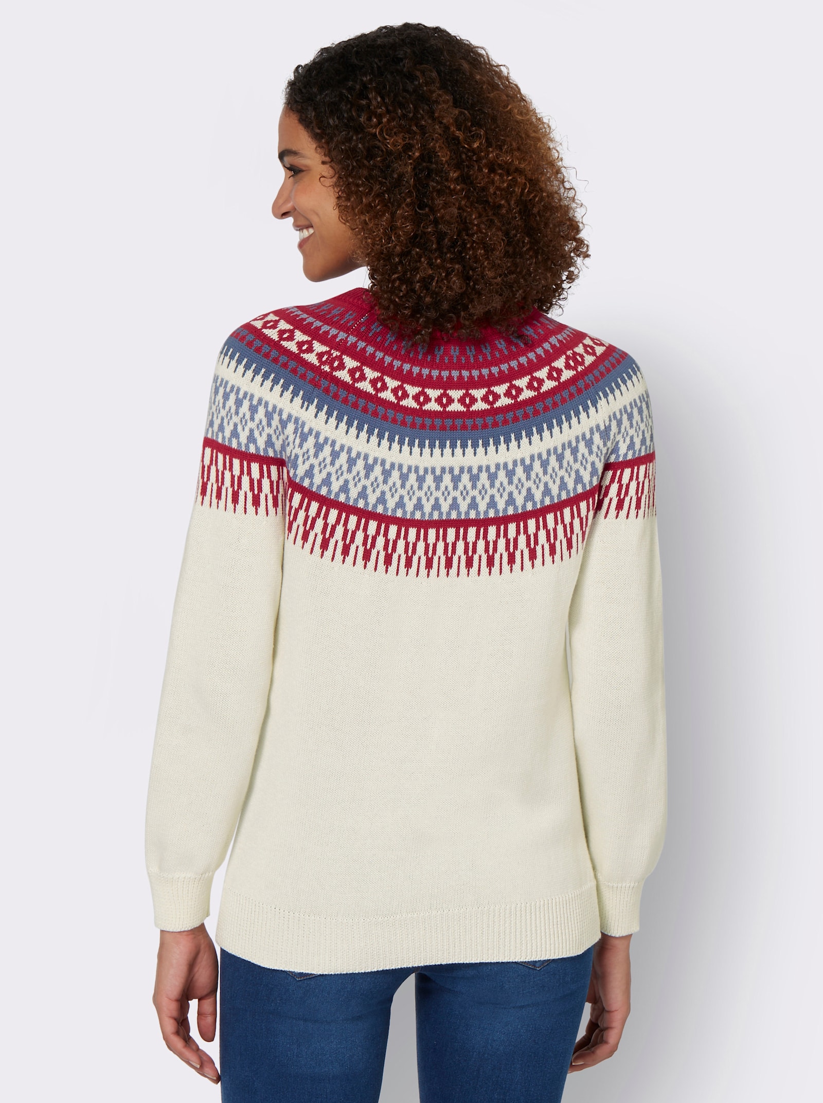 Pull norvégien 100% coton - écru-cerise à motifs