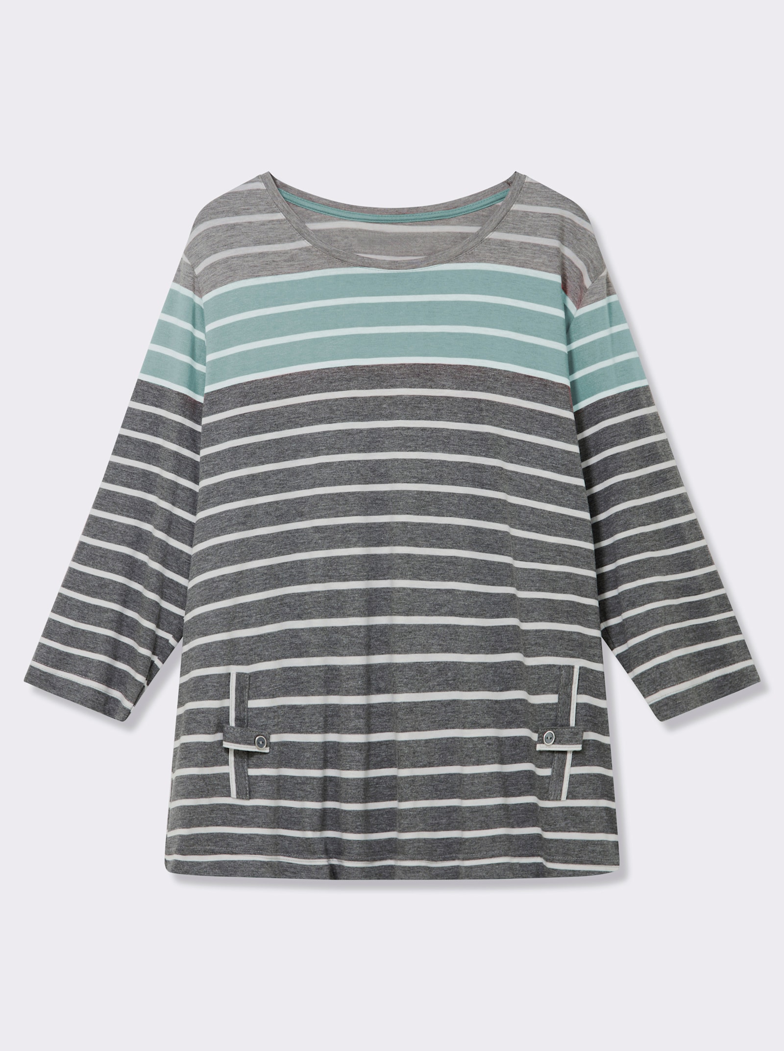 3/4-Arm-Shirt mit 2 imitierten Taschen - grau-mint-gestreift