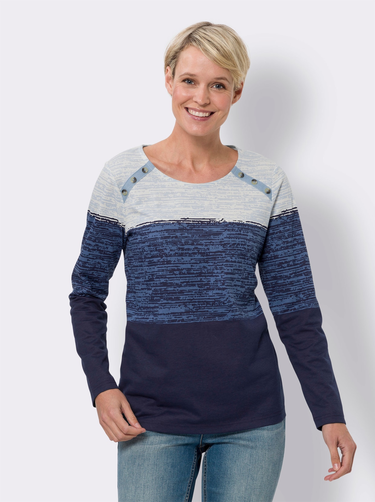 Langarmshirt - eisblau-marine-bedruckt