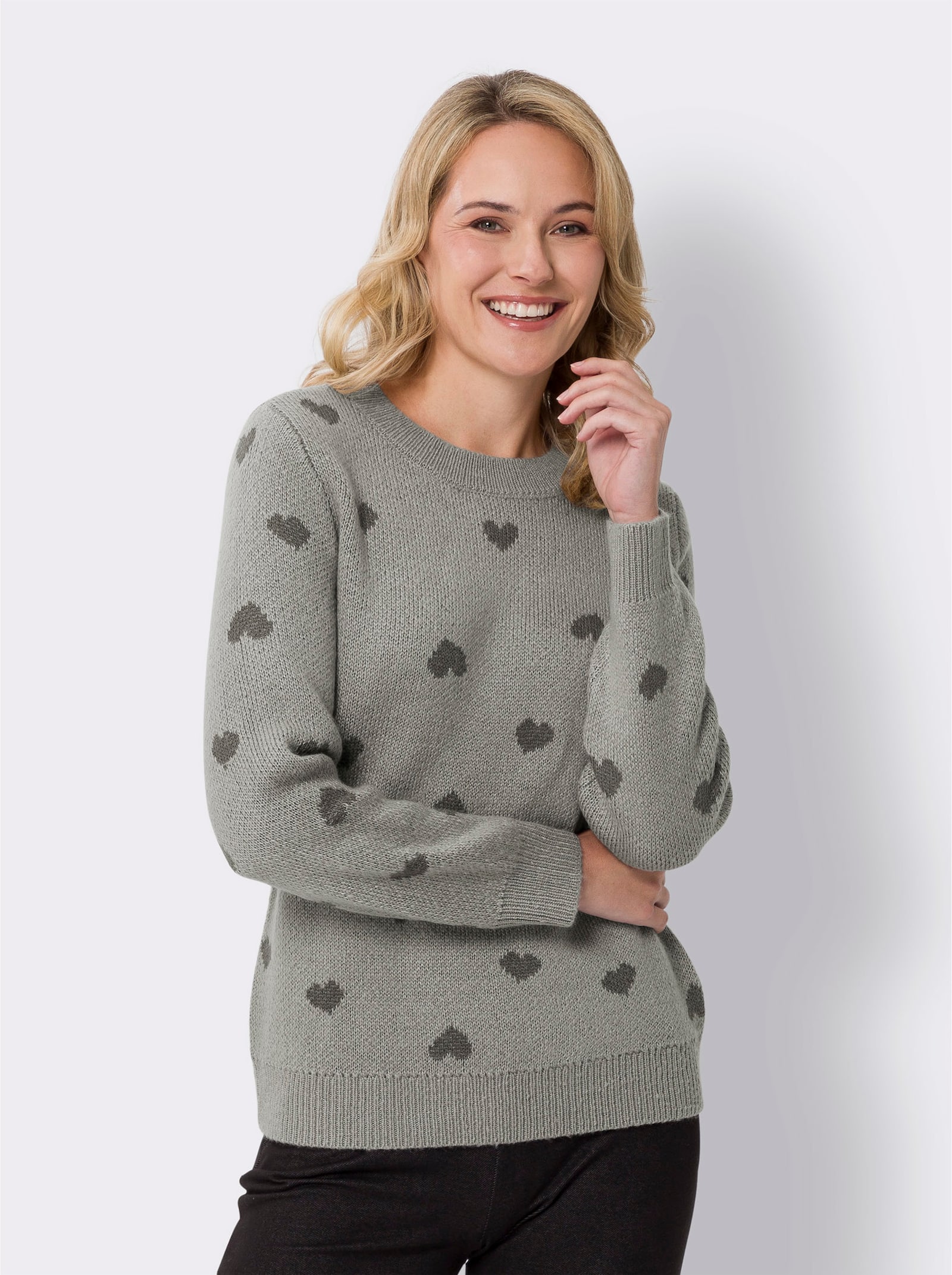 Pulóver s dlhými rukávmi a srdiečkovým vzorom - tmavosivo-antracitový vzor