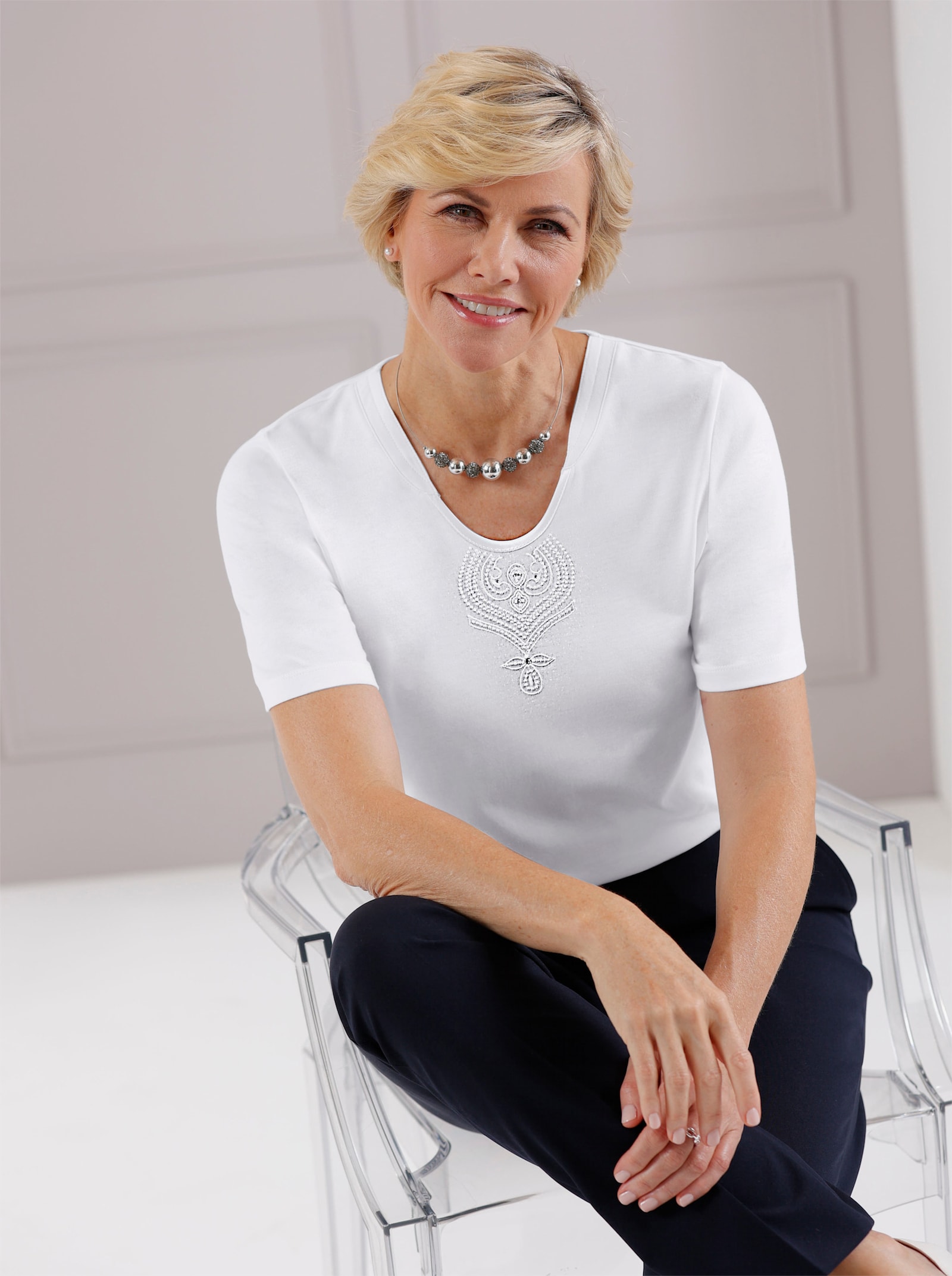 Shirt met korte mouwen en satijnen paspel - ecru