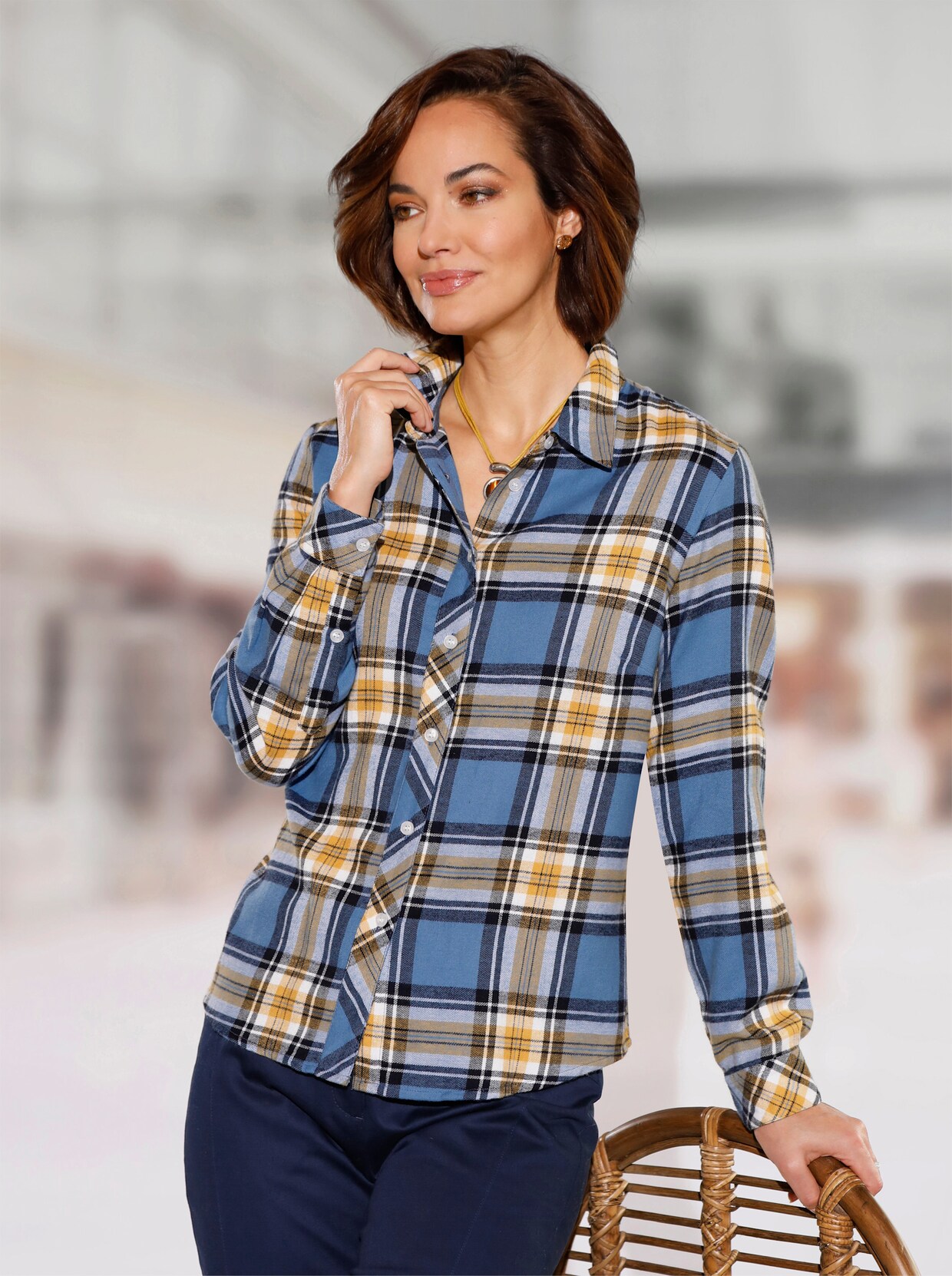 Hemdbluse - marine-ocker-kariert