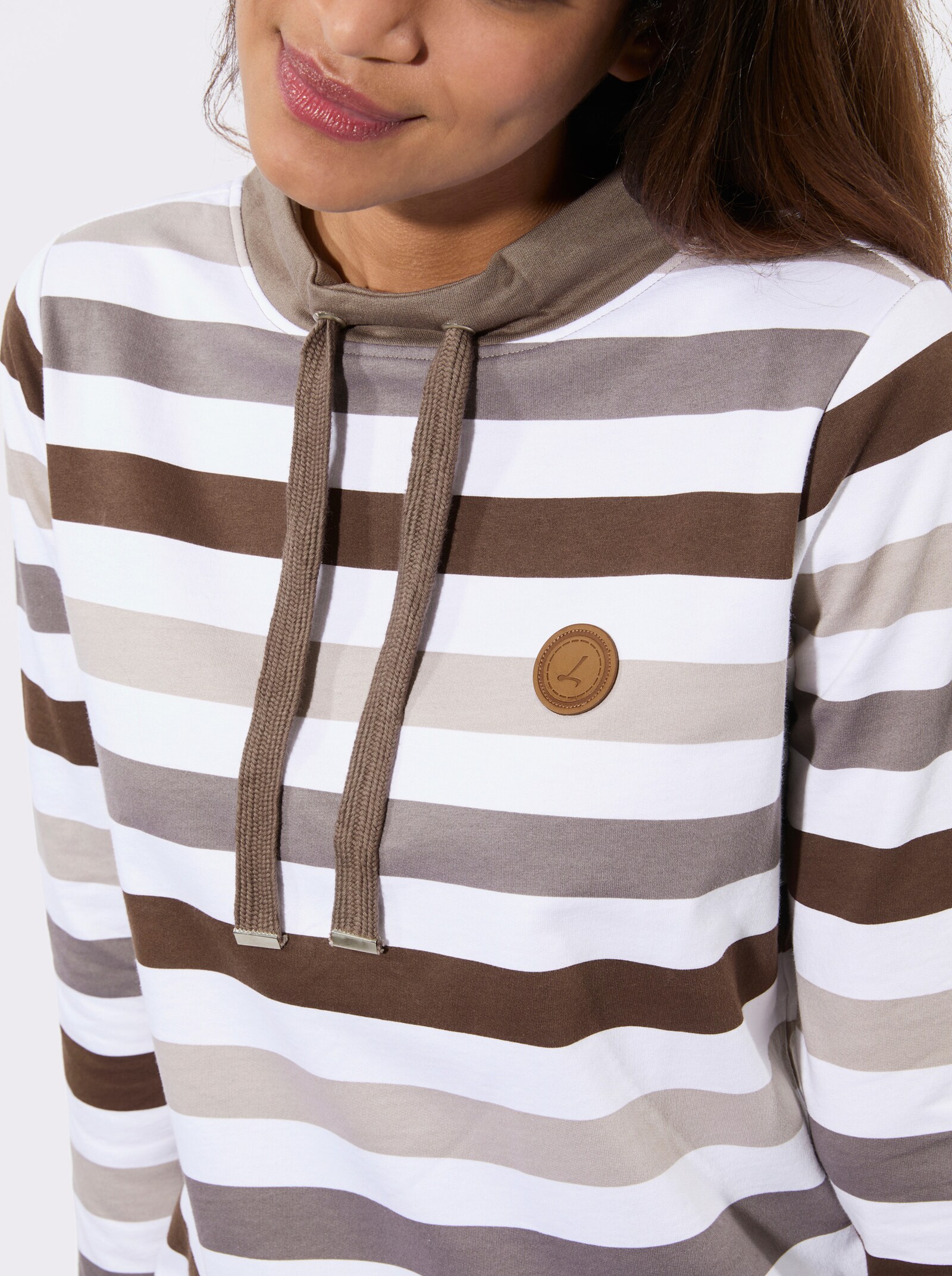 Sweatshirt mit halsfernem Stehkragen - sesam-dunkeltaupe-geringelt