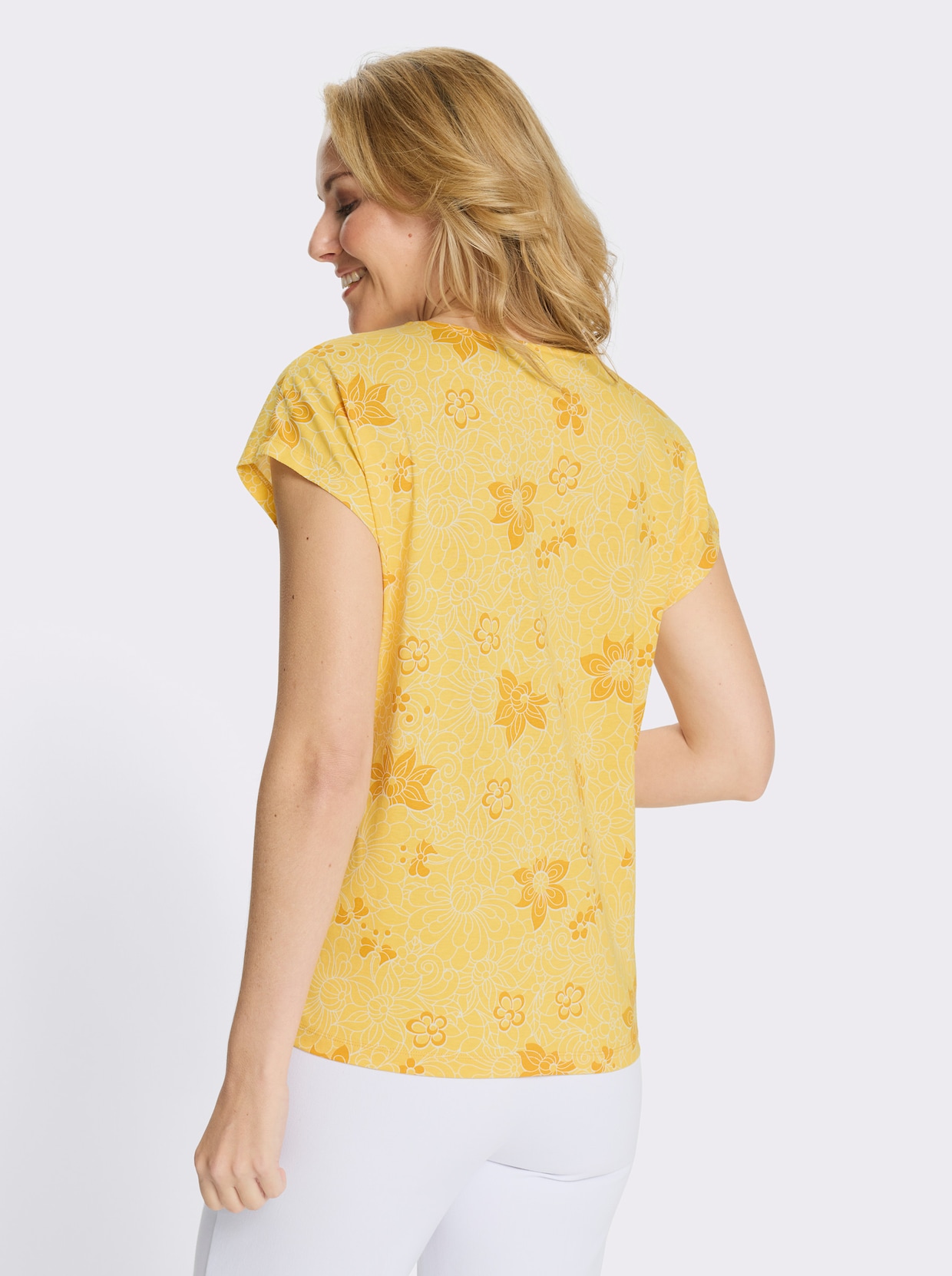 Kurzarmshirt mit Blumenprint - gelb-ocker-bedruckt