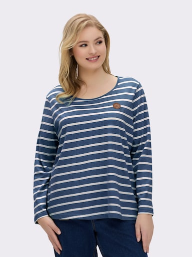 Ringelshirt mit Lederimitat-Patches - jeansblau-ecru-gestreift