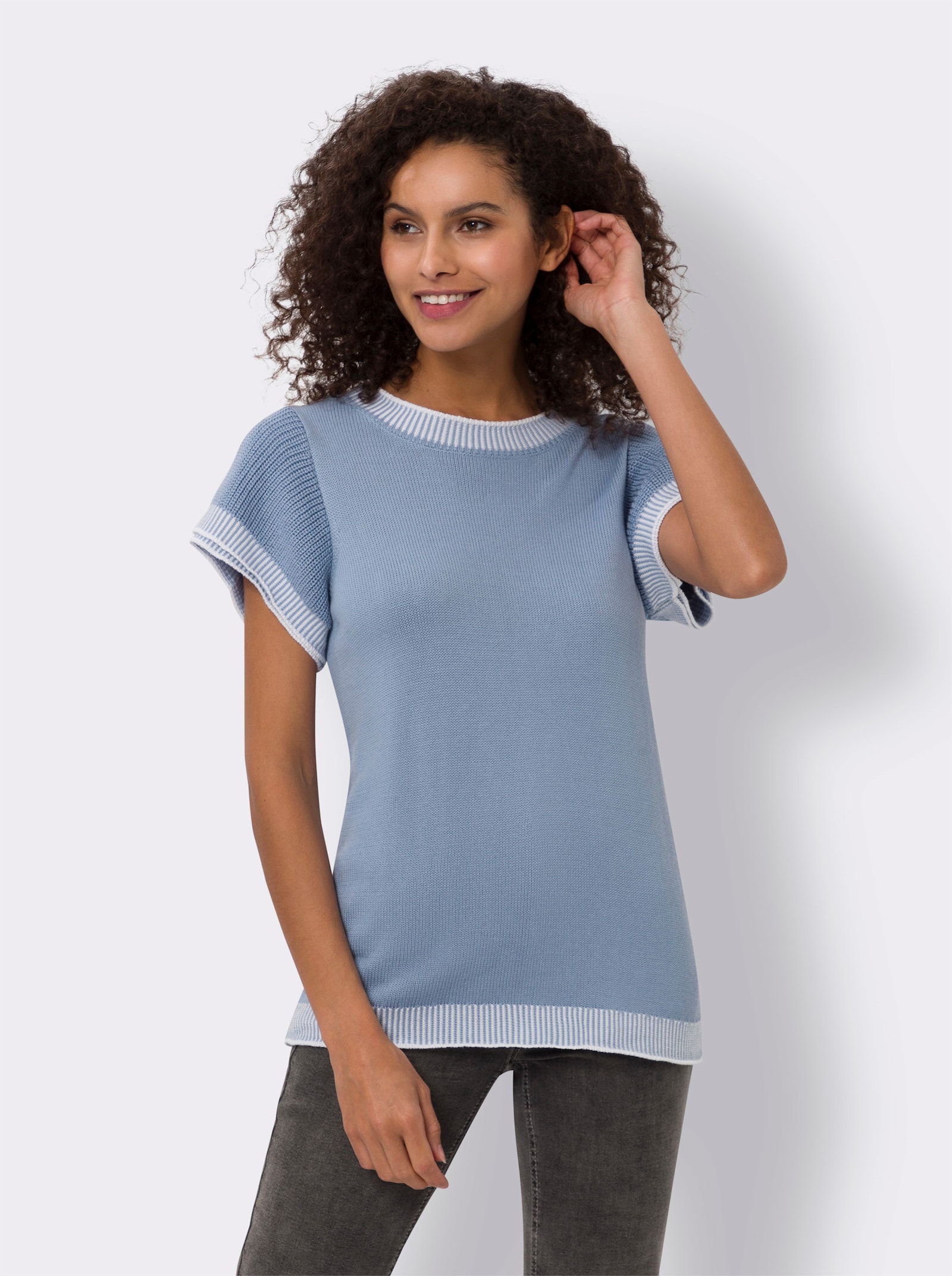 heine Kurzarmpullover mit Kontrastblenden - bleu-weiss-gemustert